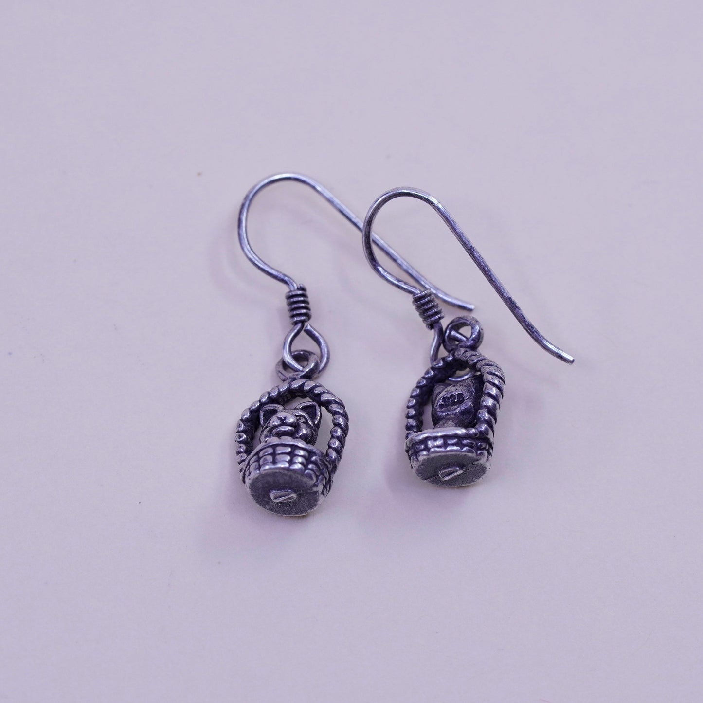 Vintage sterling silver handmade earrings, 925 dog puppy in basket dangles