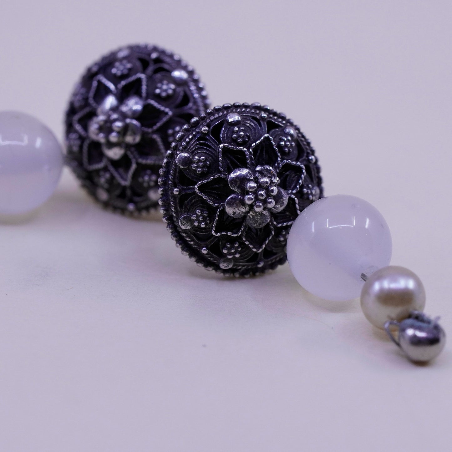 Vintage Sterling silver handmade earrings, 925 filigree studs with quartz