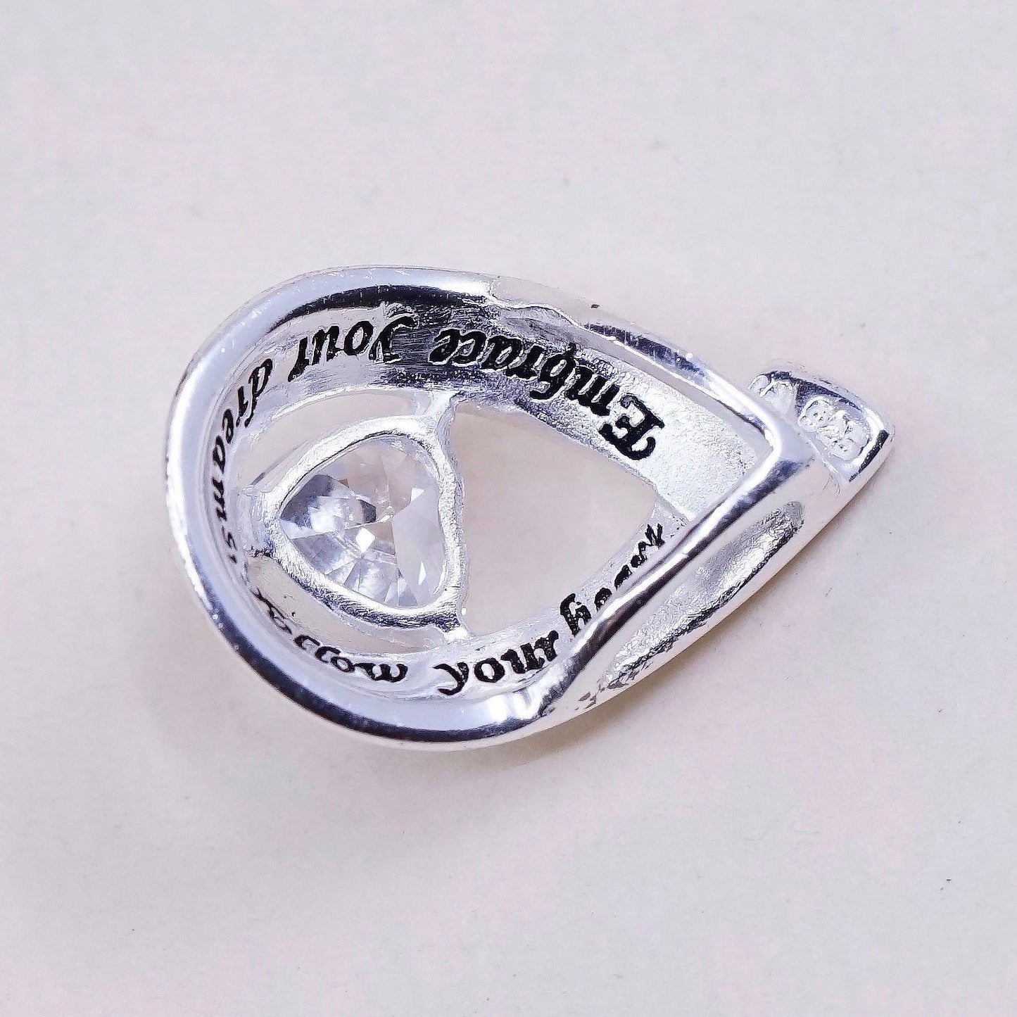 Sterling silver pendant, 925 w/ teardrop crystal “embrace dreams, follow heart”