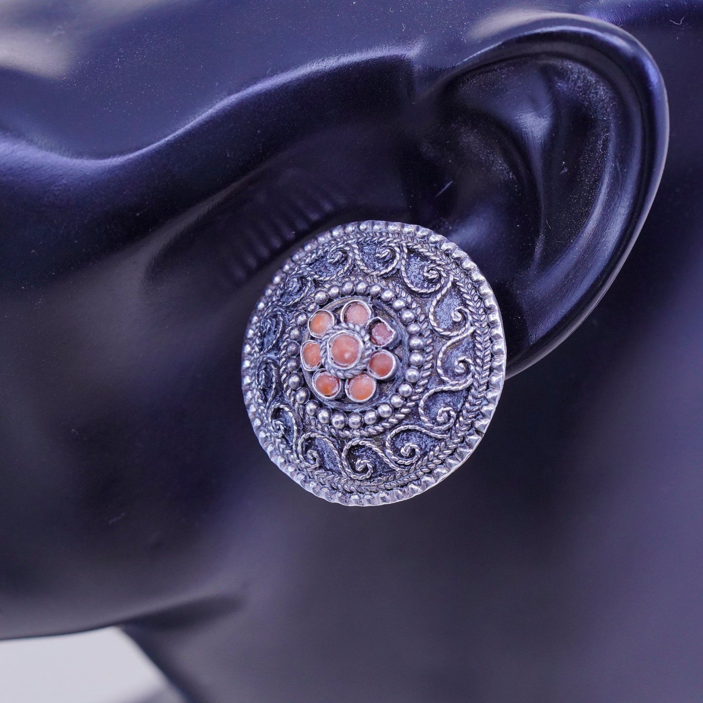 vtg sterling silver handmade earrings, 925 filigree circle studs with red coral