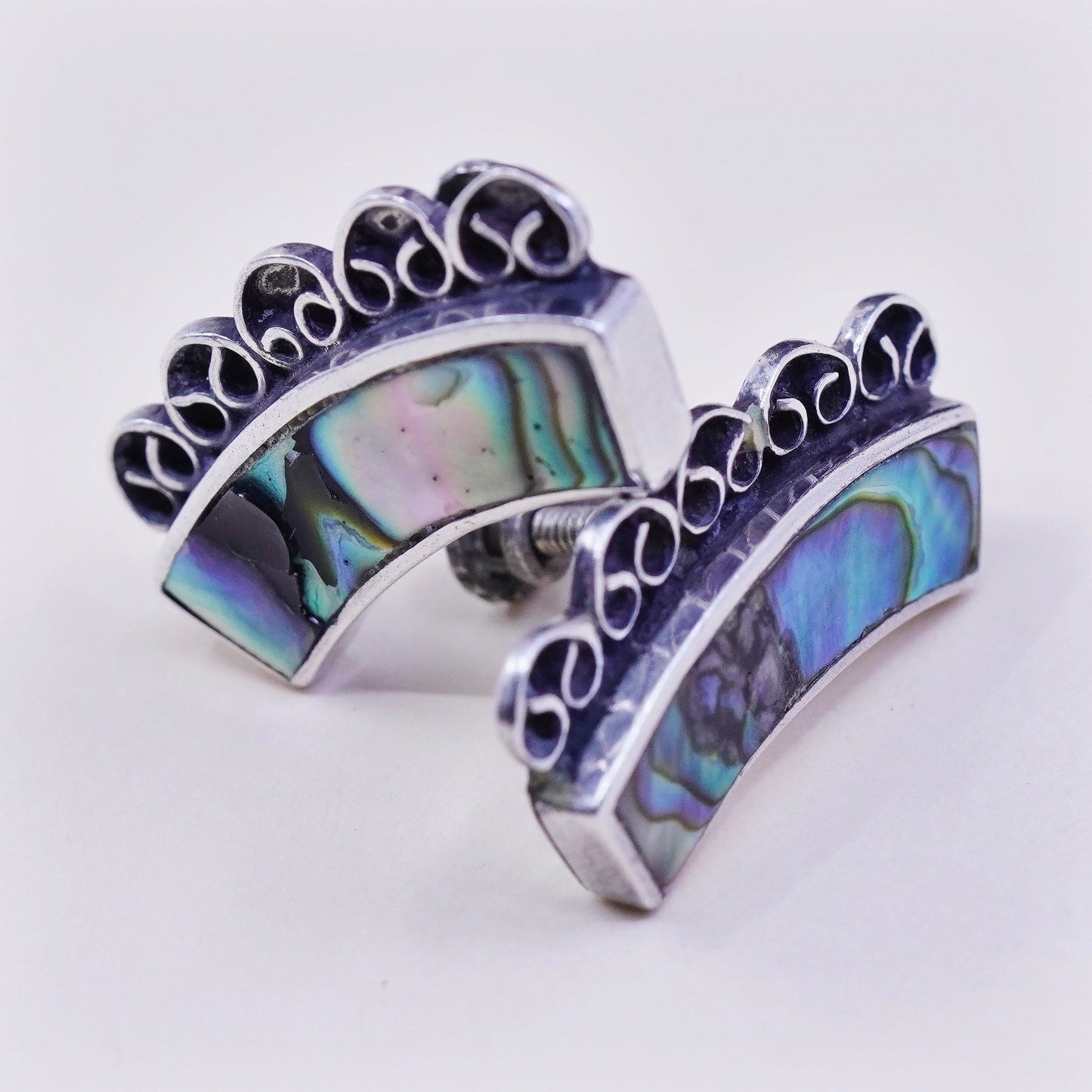 Vintage sterling 925 silver handmade screw back earrings with abalone, stamped silver mexico 20