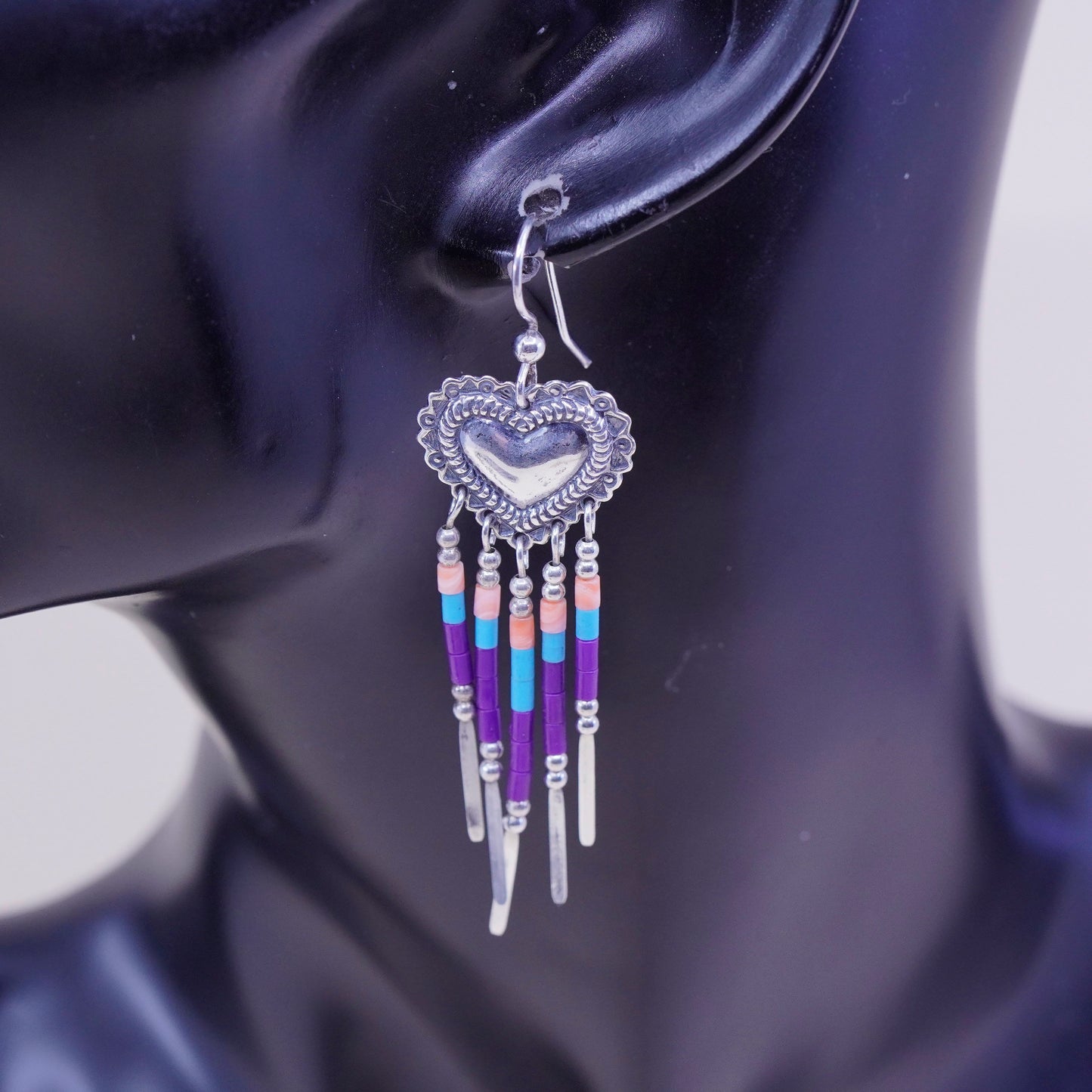 Native American KBN Kabana Sterling silver handmade earrings, 925 heart with turquoise and coral fringe, stamped 925 KBN