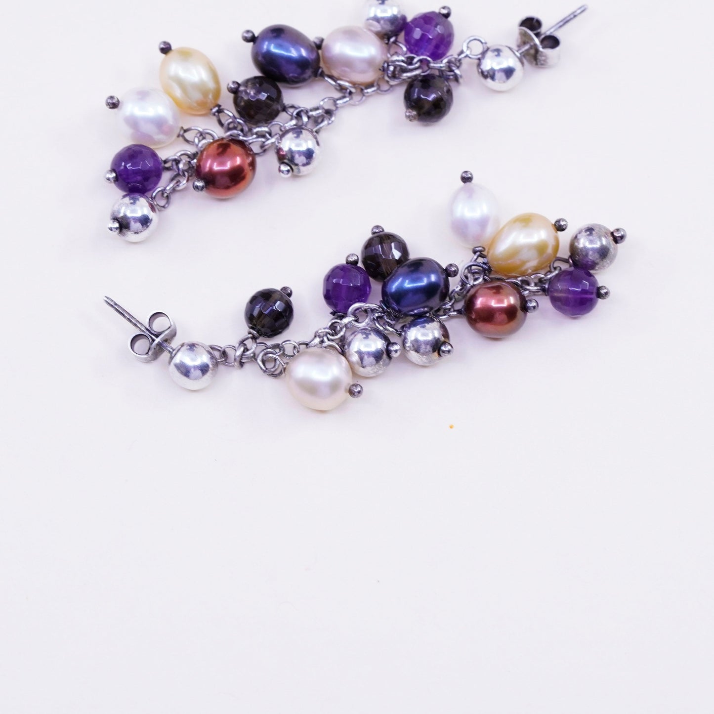 Vintage Italy Sterling 925 silver handmade earrings with cluster colorful pearl