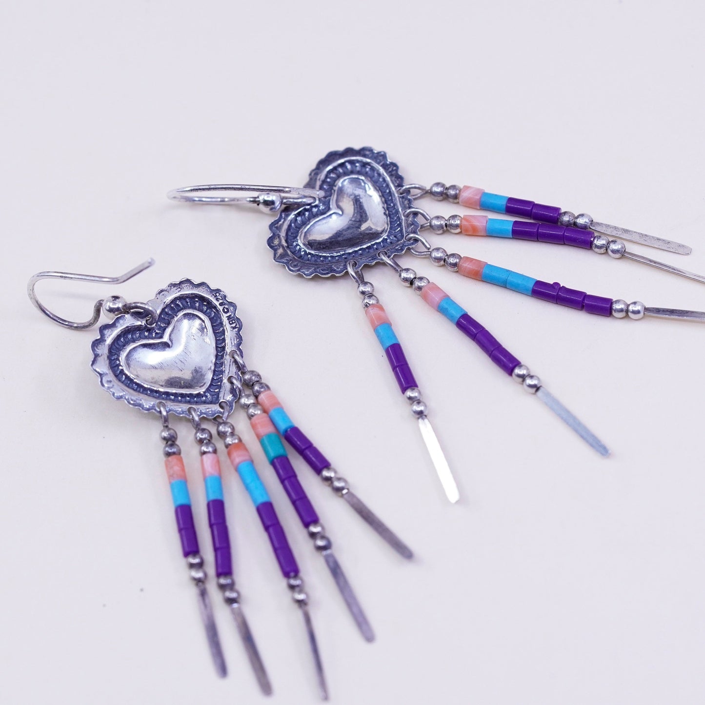 Native American KBN Kabana Sterling silver handmade earrings, 925 heart with turquoise and coral fringe, stamped 925 KBN