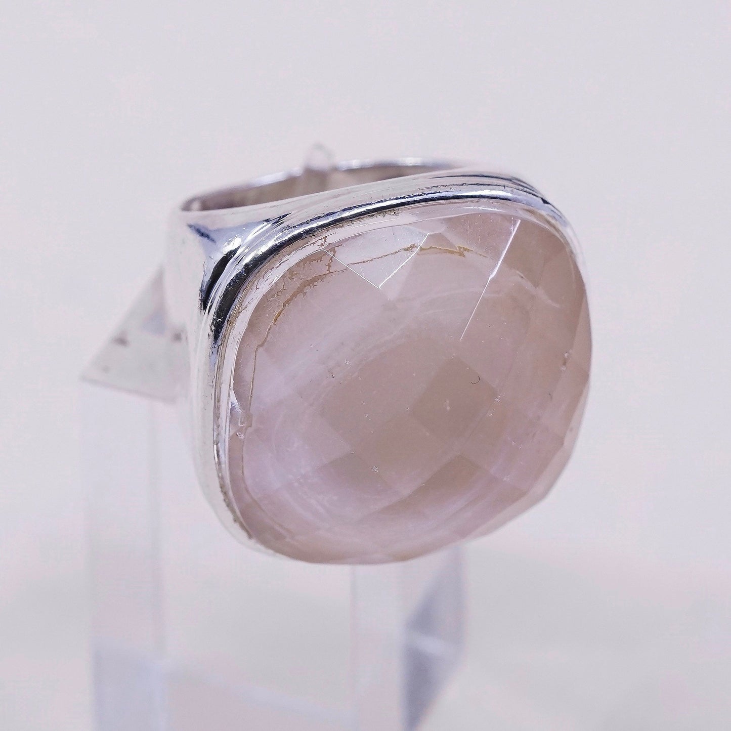 sz 7, vtg sterling 925 silver handmade statement ring w/ pink glass stone