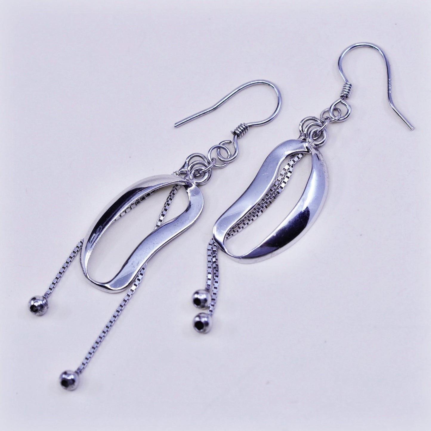 vtg sterling 925 silver handmade earrings, oval dangles w/ box chain and beads