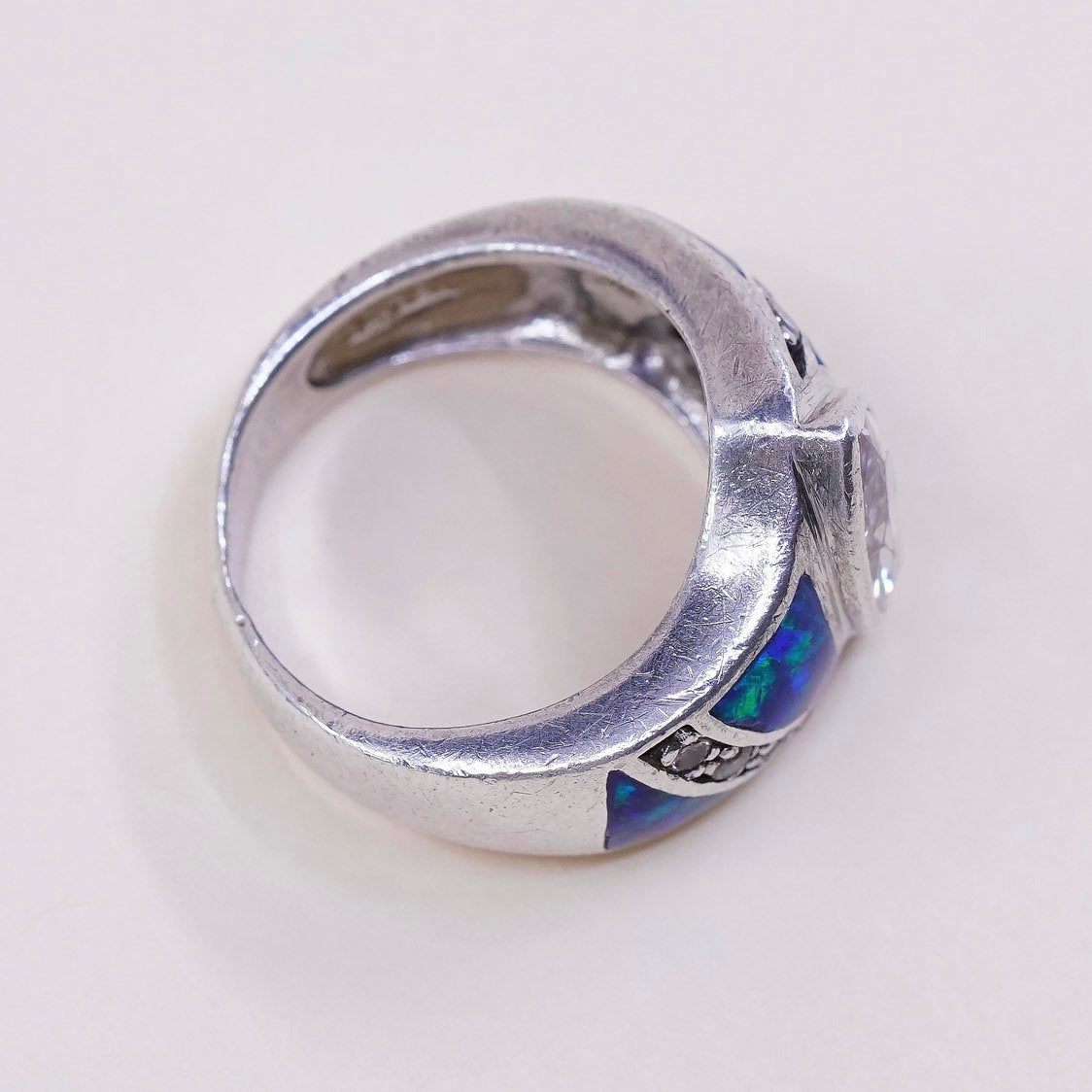 sz 5.75,vtg Sterling silver handmade ring, 925 band w/ fire opal n marquise cz