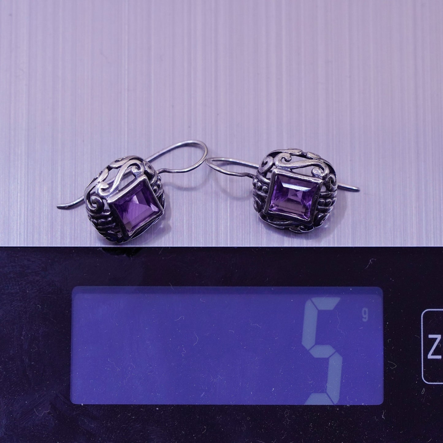 Vintage sterling silver handmade earrings, 925 filigree drops with amethyst