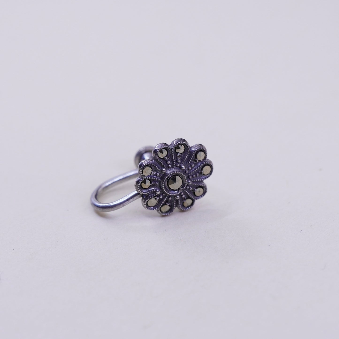 Vintage Sterling silver handmade earrings, 925 screw back flower with Marcasite