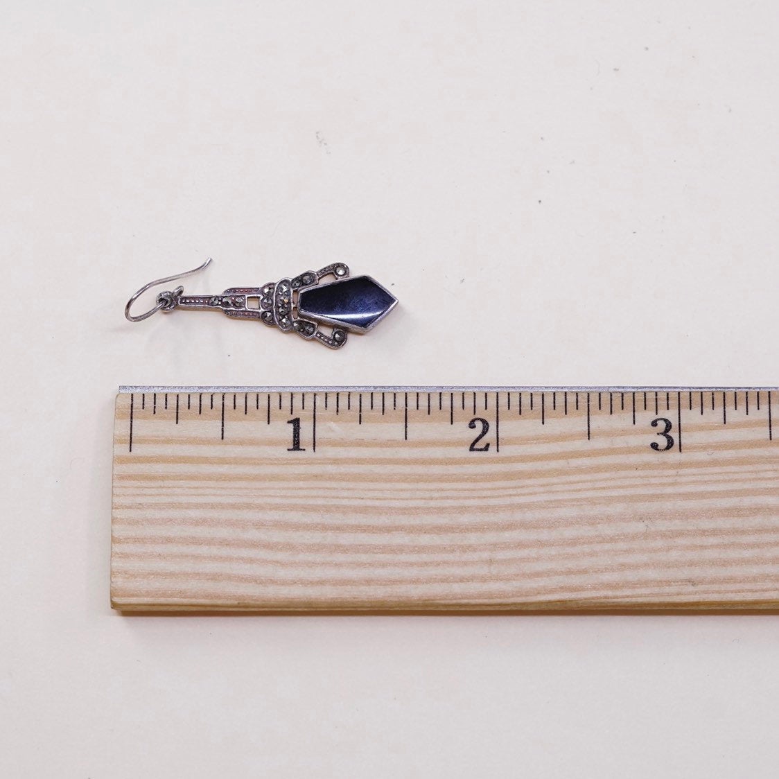 vtg Sterling 925 silver handmade earrings teardrop drops w/ obsidian n marcasite