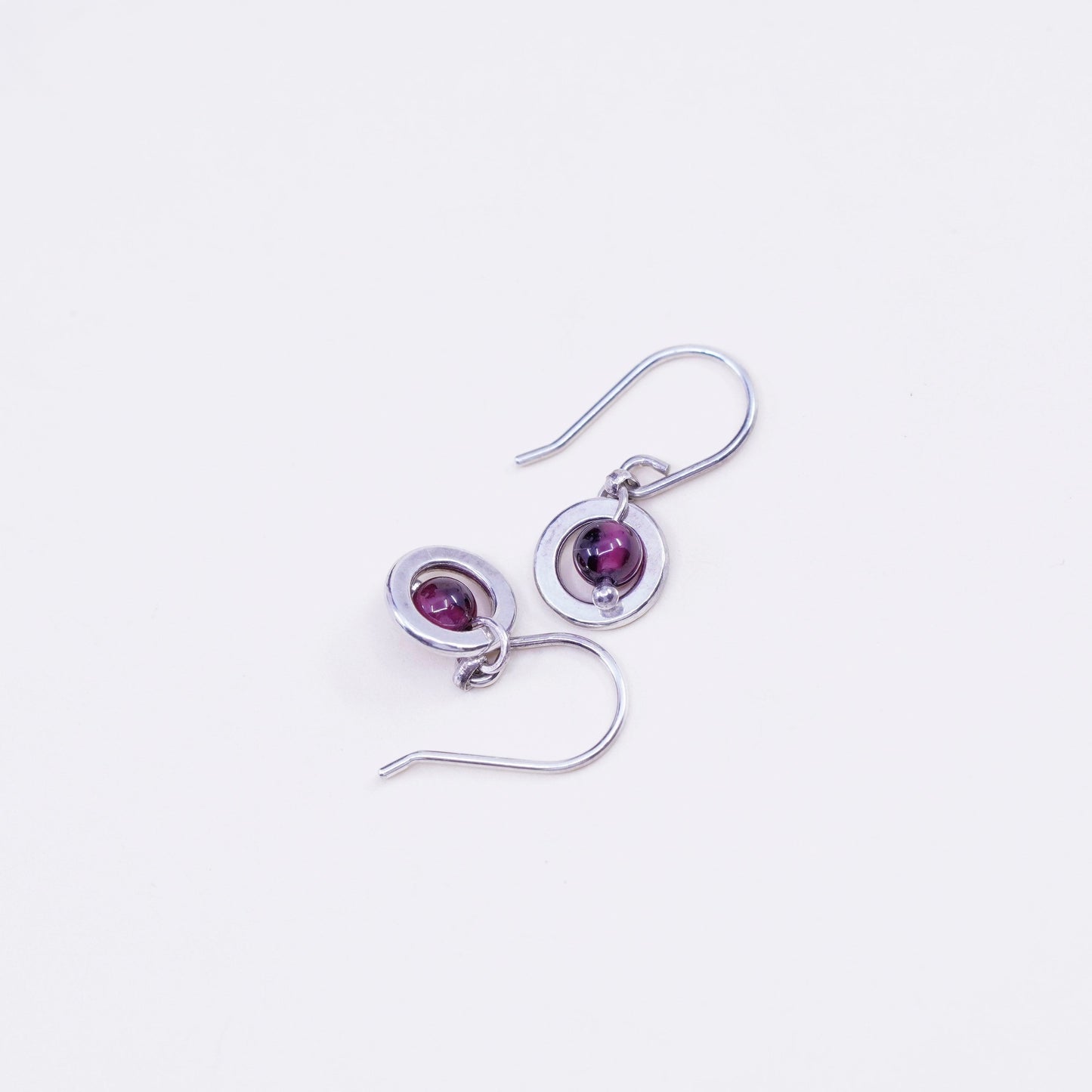 Vintage Sterling silver handmade earrings, 925 circle with garnet beads