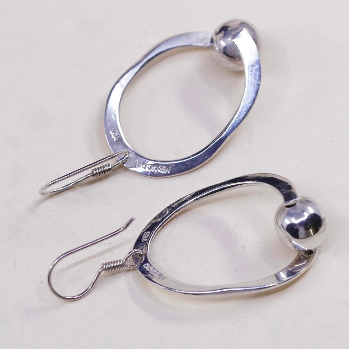 vtg mexico sterling silver handmade earrings, 925 loops w/ bead Dangles