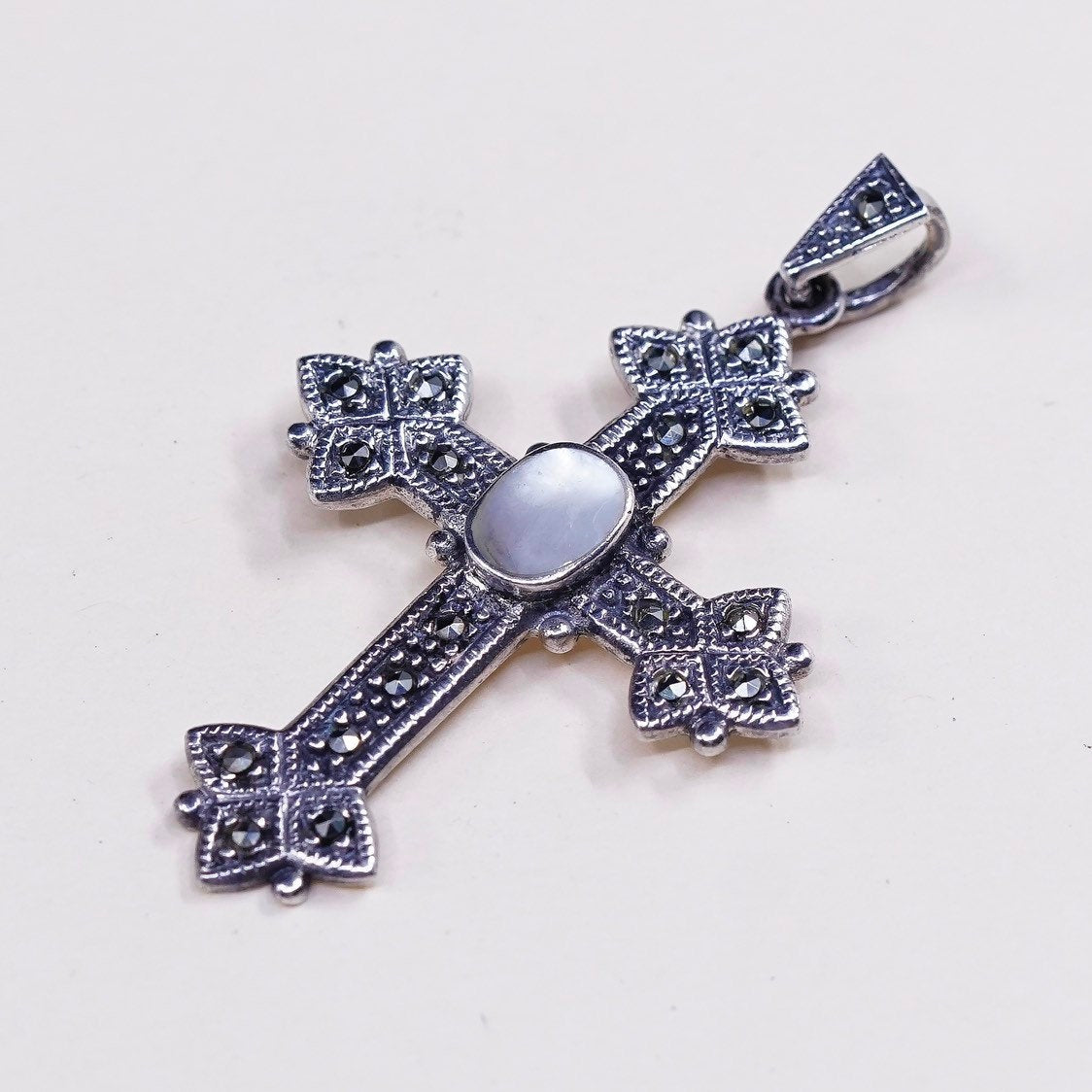 vtg handmade sterling silver cross, 925 with marcasite and mother of pearl