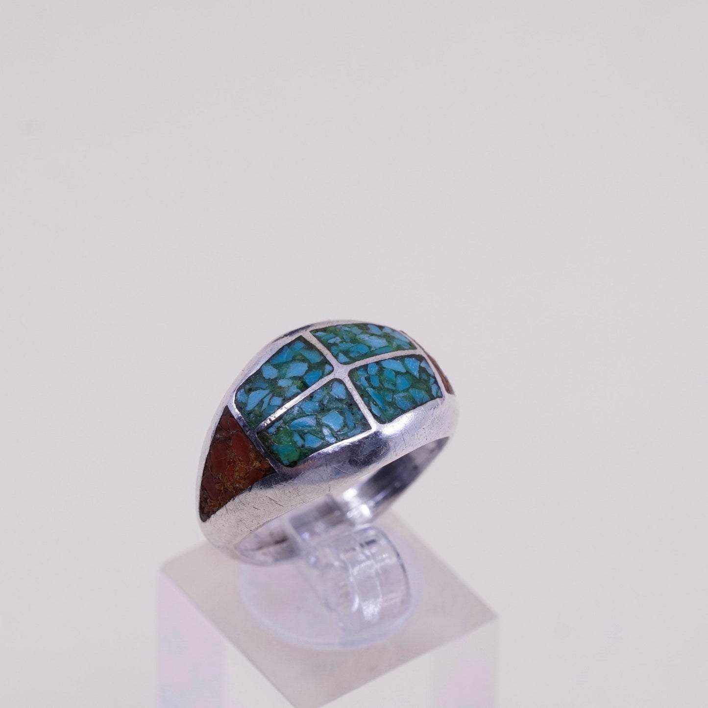 sz 9, natives American Sterling 925 silver handmade ring w/ turquoise N coral
