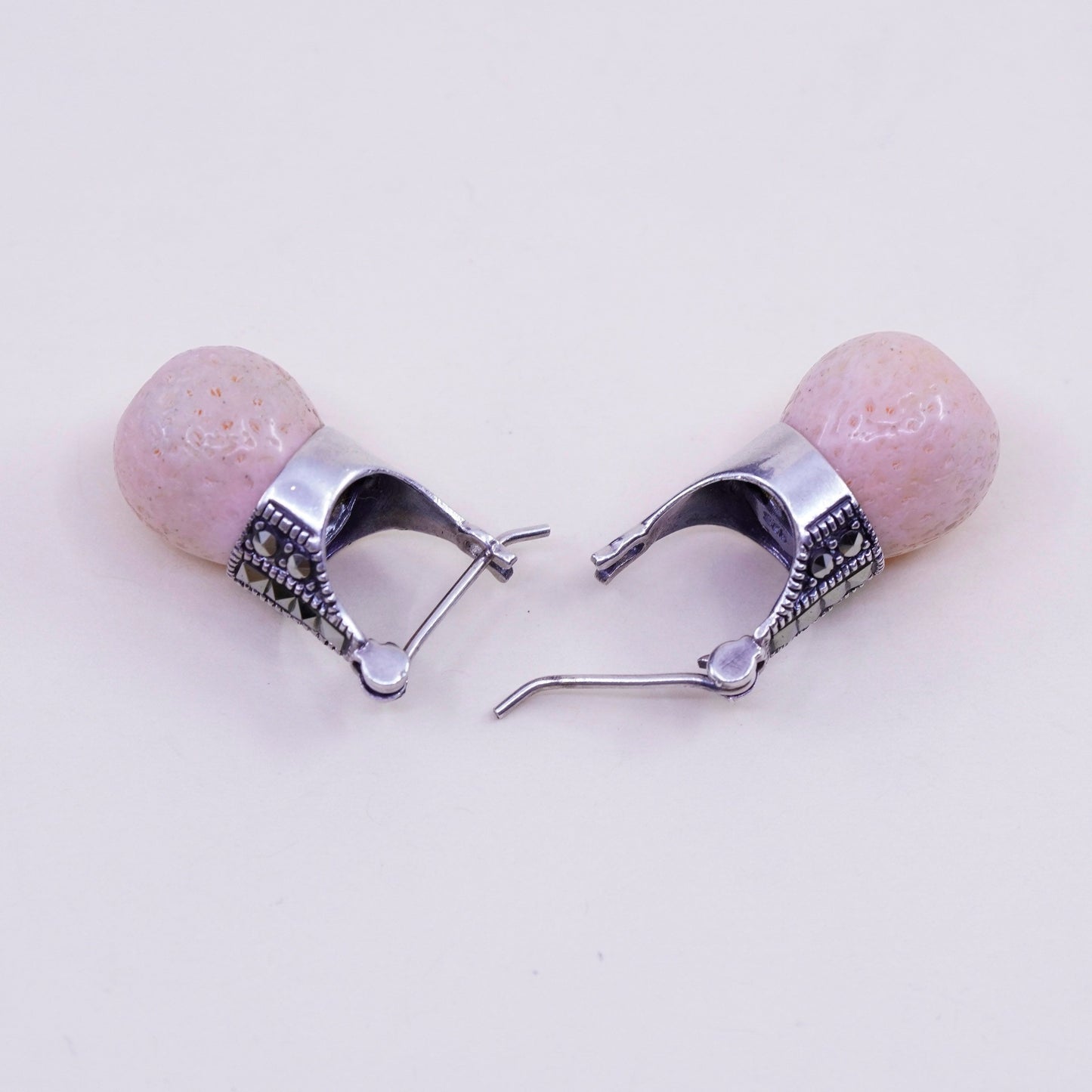 Vintage sterling 925 silver handmade earrings, coral with marcasite details