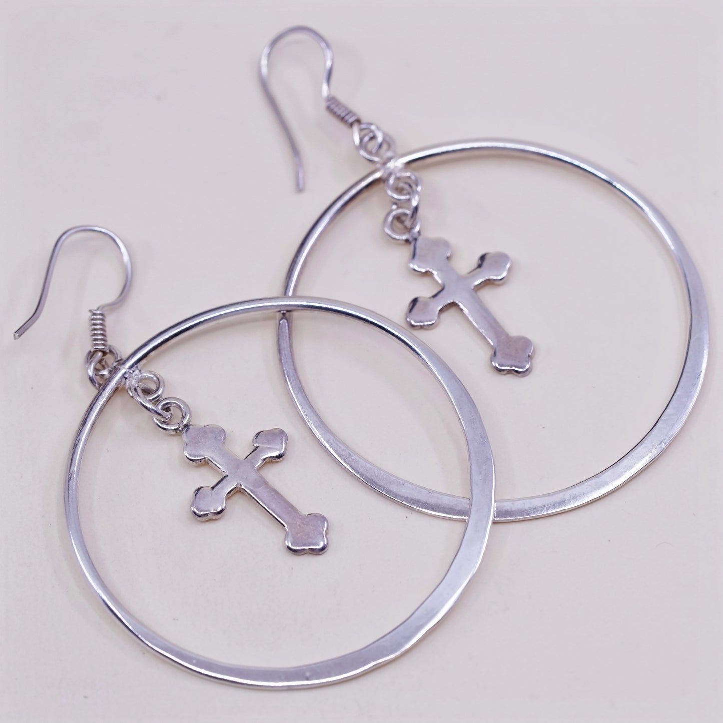 Vintage Sterling silver handmade earrings, huge 925 hoops with cross charms