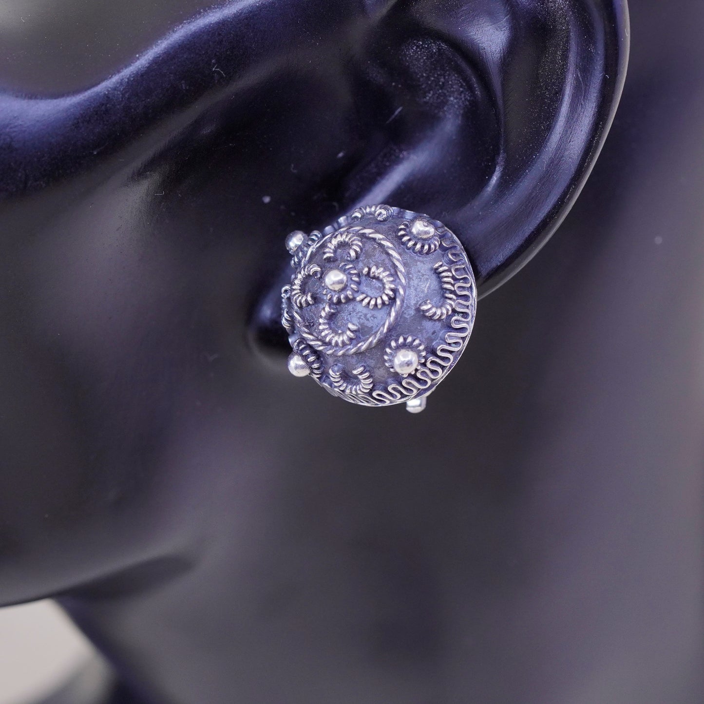 vintage sterling silver handmade earrings, 925 clip on with filigree and beads