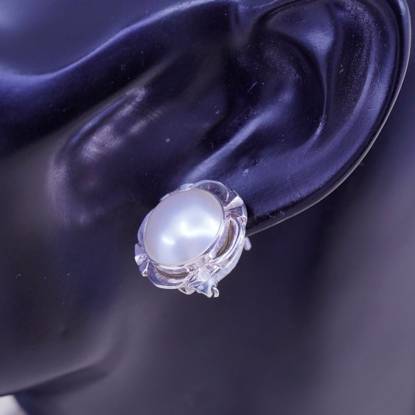 Vintage Sterling silver handmade earrings, 925 flower studs with pearl