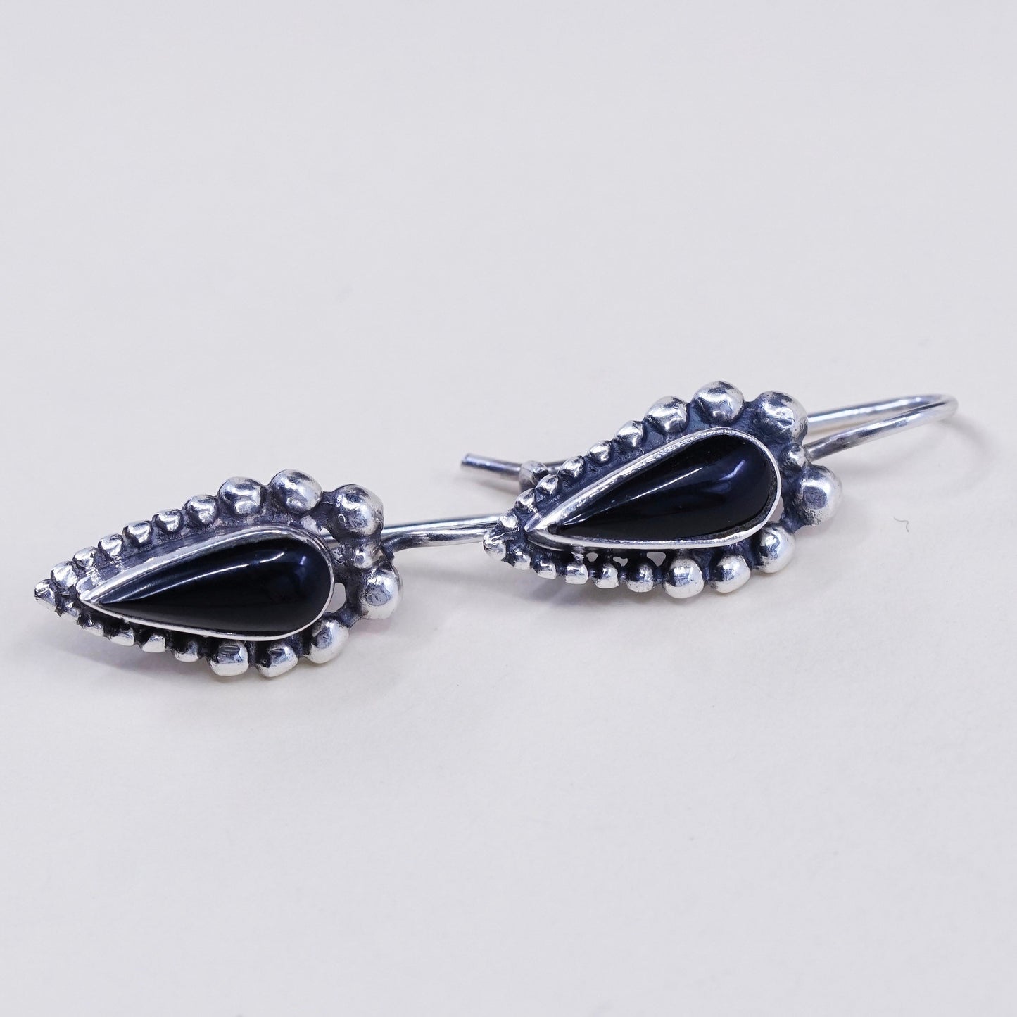 Vintage Sterling silver handmade earrings, 925 teardrop obsidian with beads