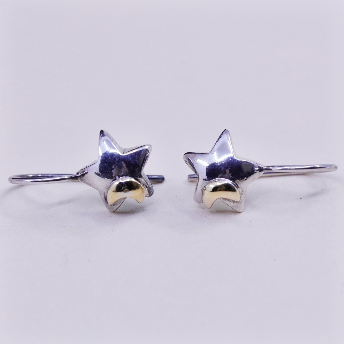 sterling silver modern earrings, 925 textured star with 14K yellow gold moon