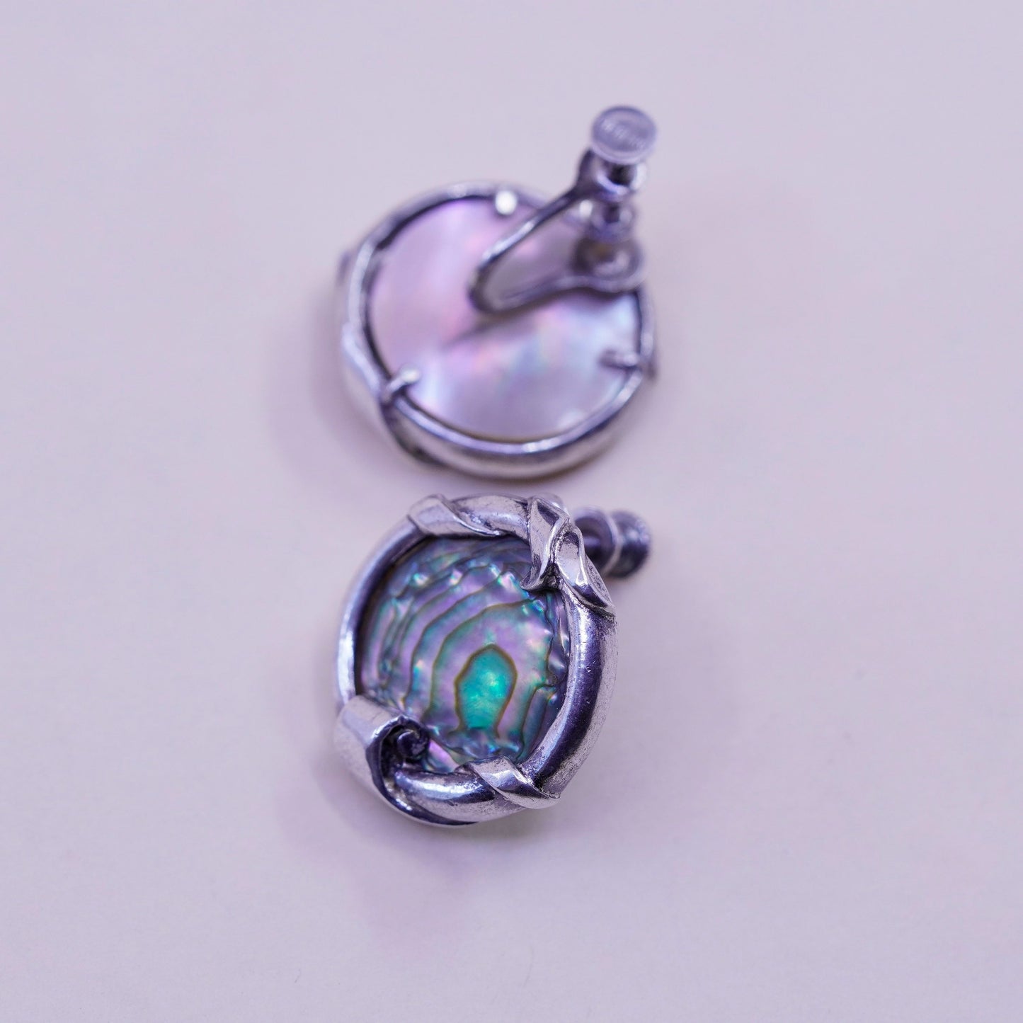 Vintage sterling 925 silver handmade screw back earrings with abalone