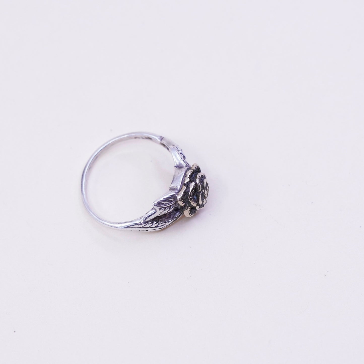 Size 7, vintage TT Sterling silver handmade ring, 925 leaves with brass rose