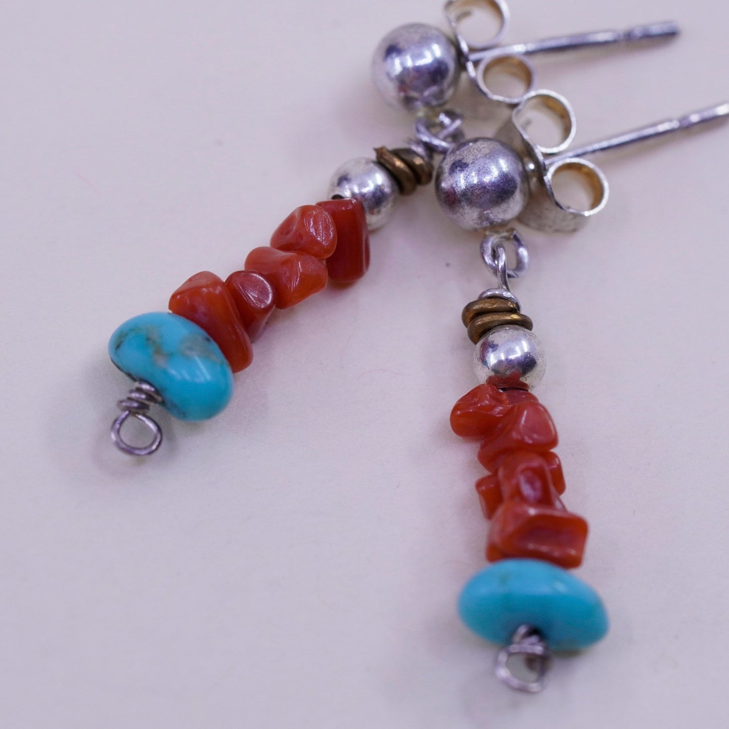 Vintage Sterling 925 silver handmade earrings with turquoise and coral beads