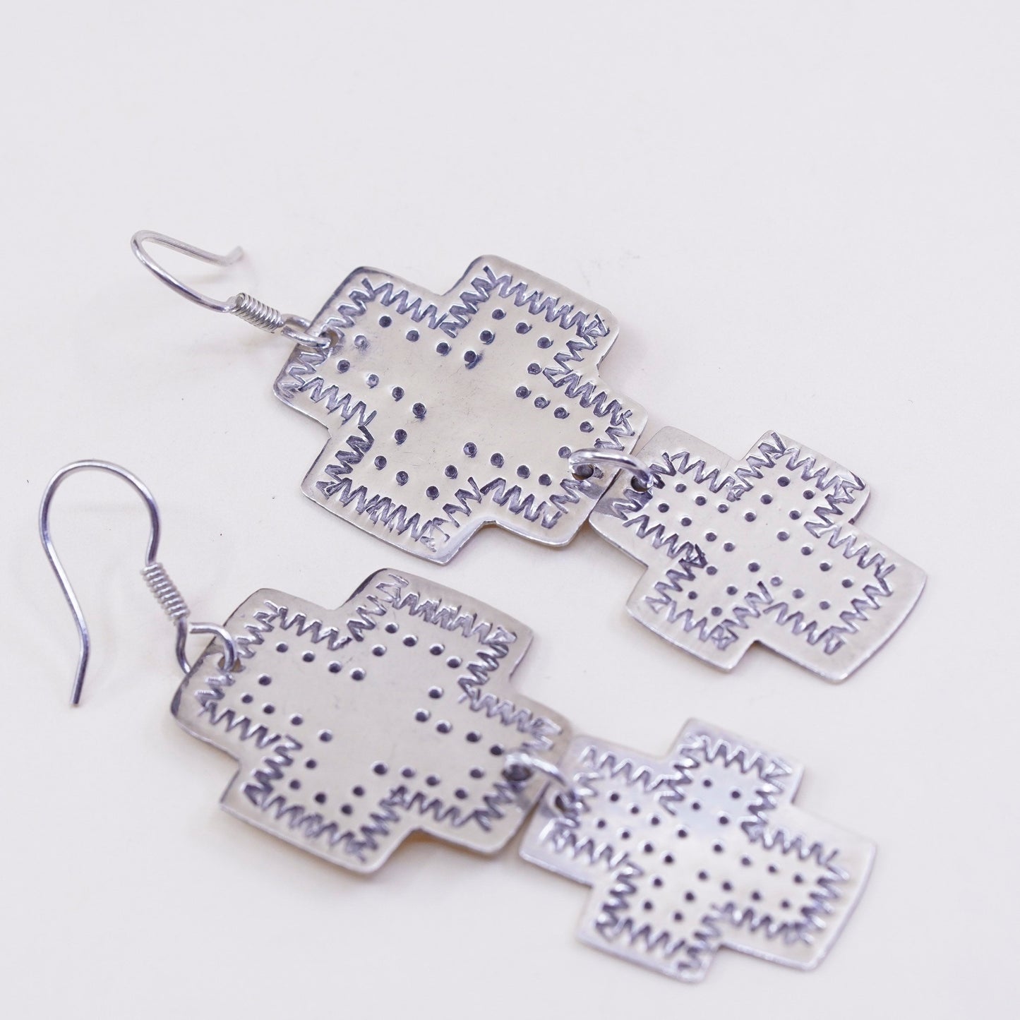 Vintage Sterling silver handmade earrings, huge textured 925 cross dangles