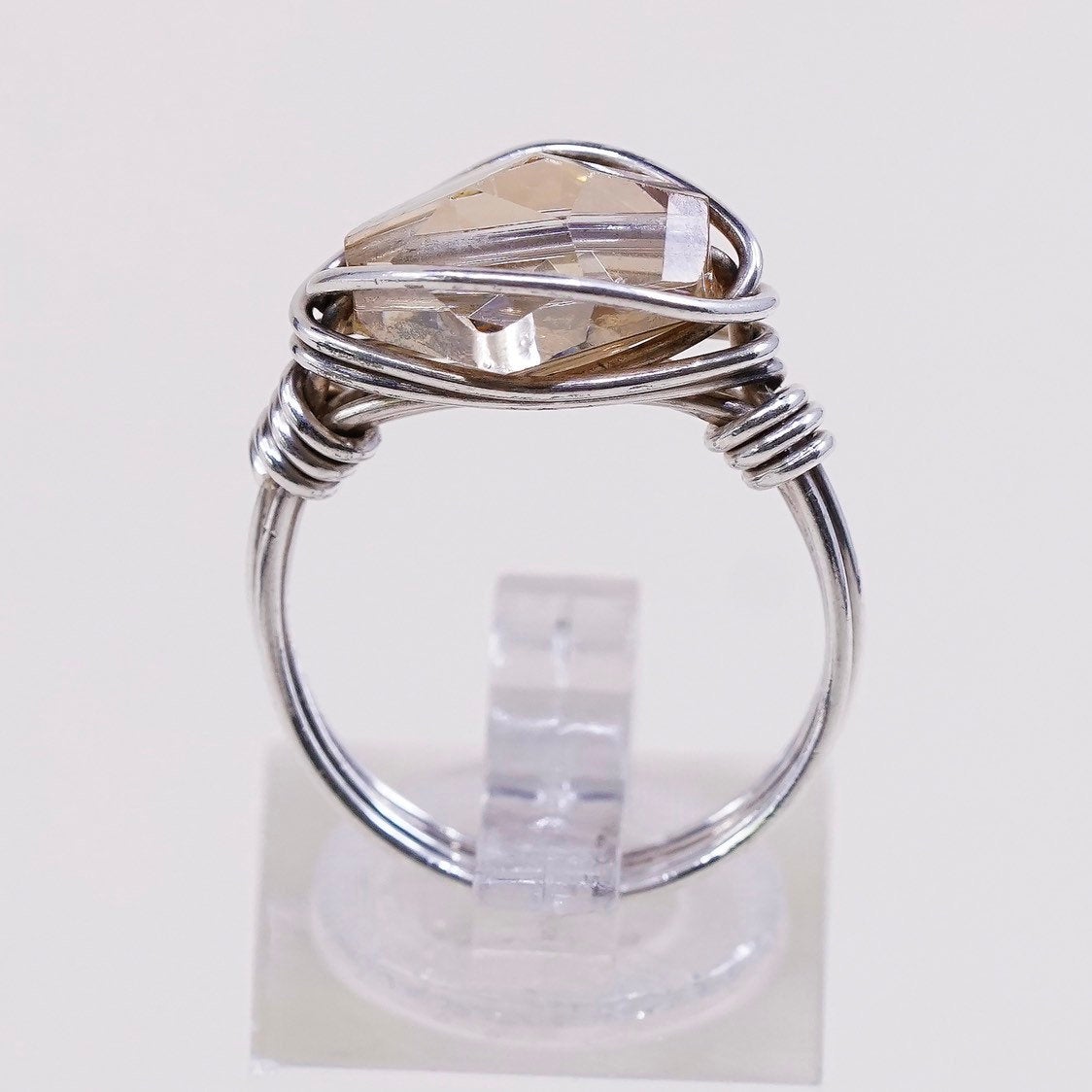 sz 6.75, sterling silver handmade ring, 925 wired ring w/ citrine glass
