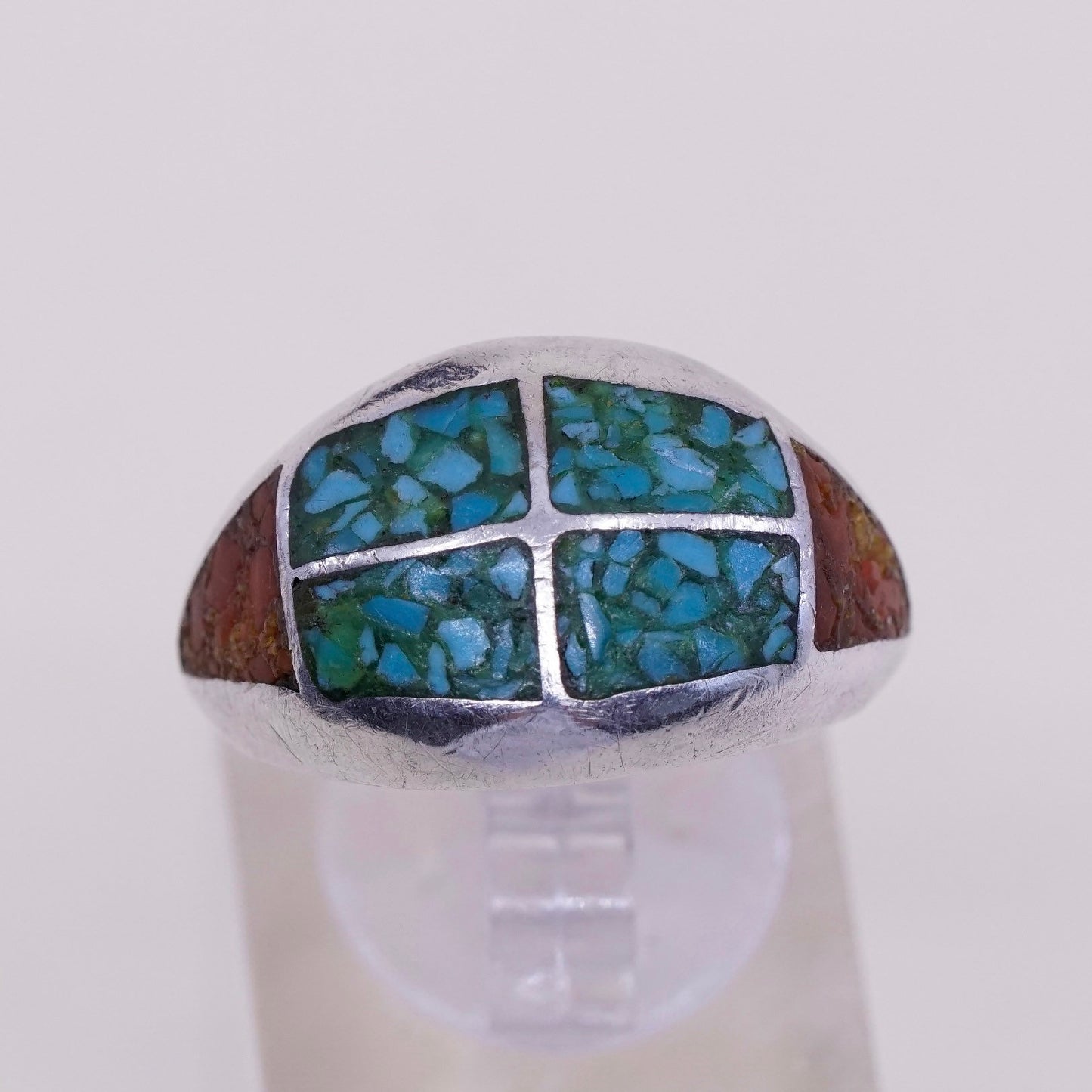 sz 9, natives American Sterling 925 silver handmade ring w/ turquoise N coral