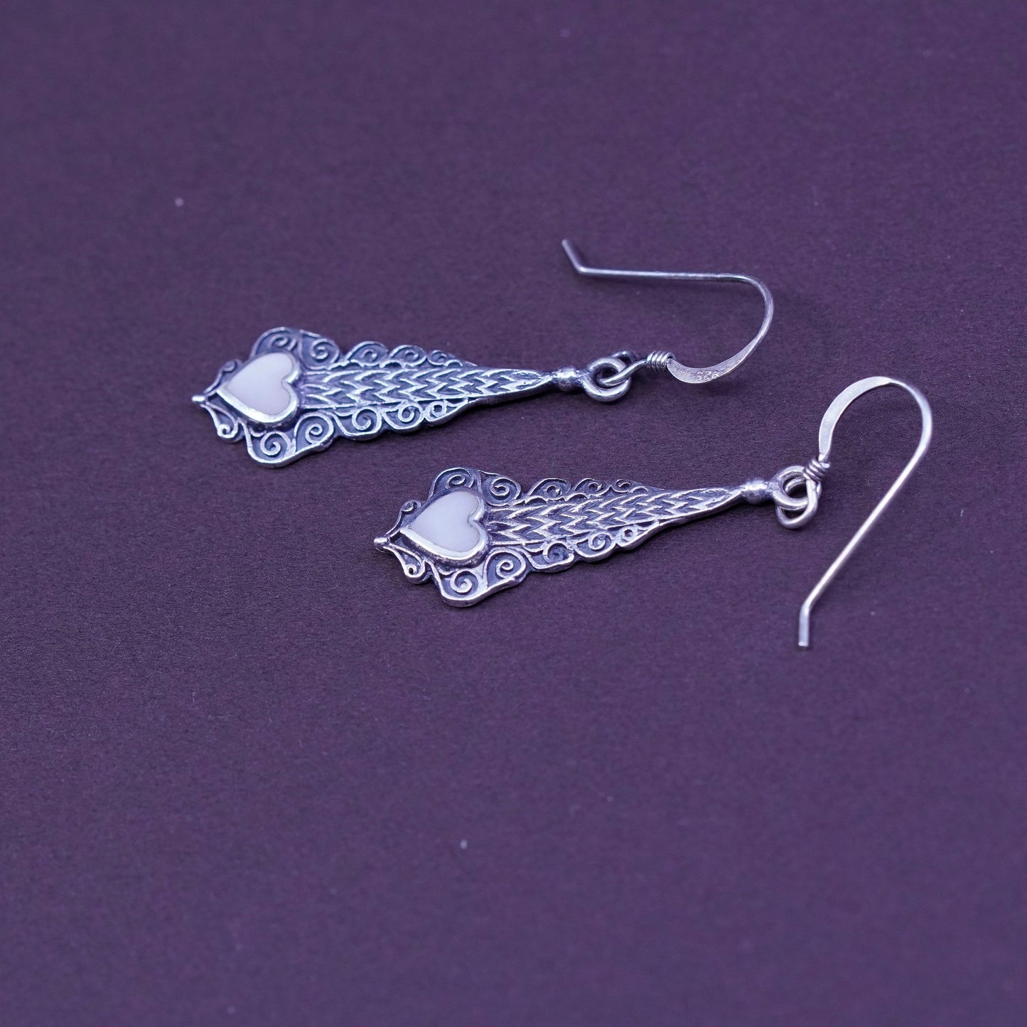 Sterling silver handmade earrings filigree 925 dangles w/ heart mother of pearl