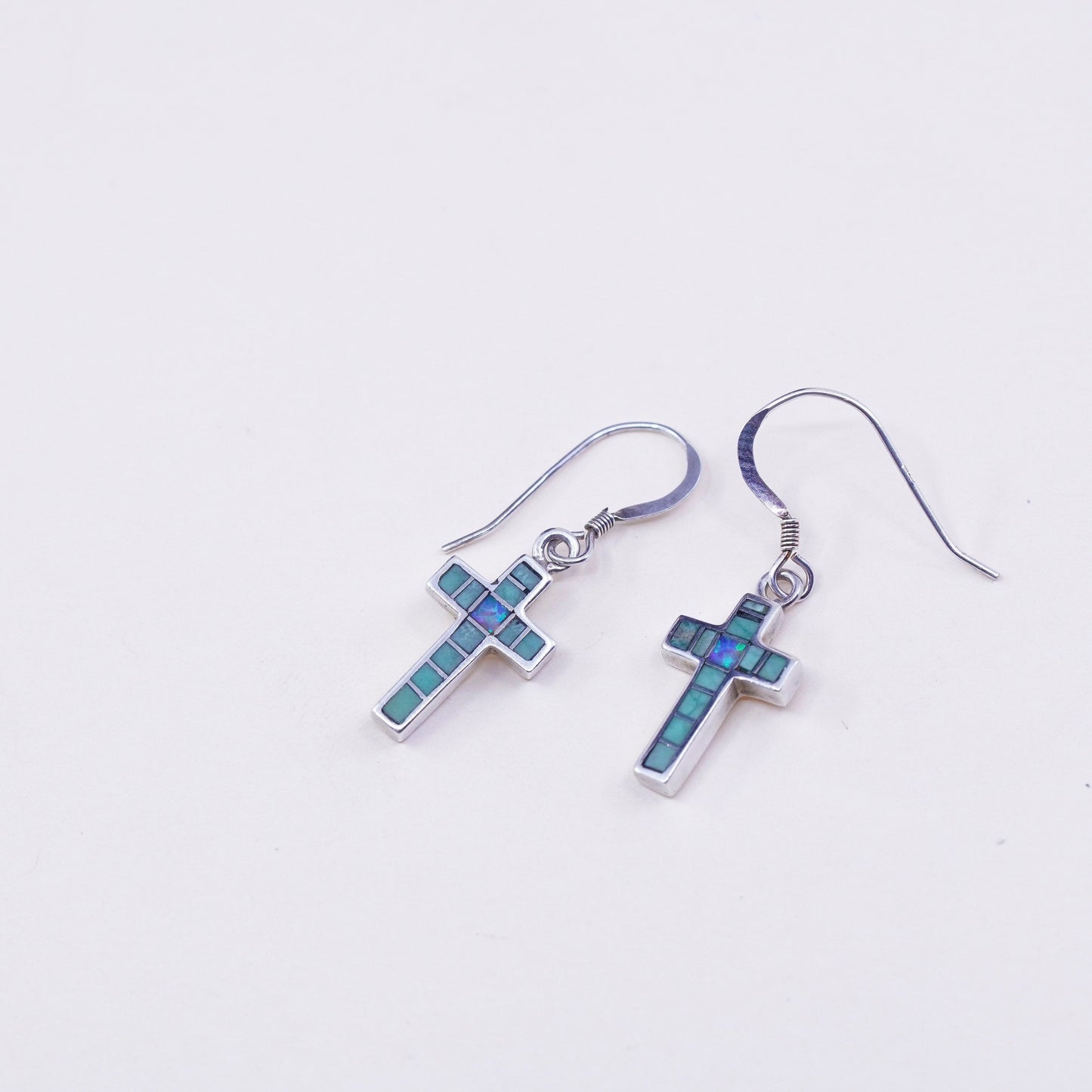 Native American zuni Sterling 925 silver earrings, cross w/ opal and turquoise