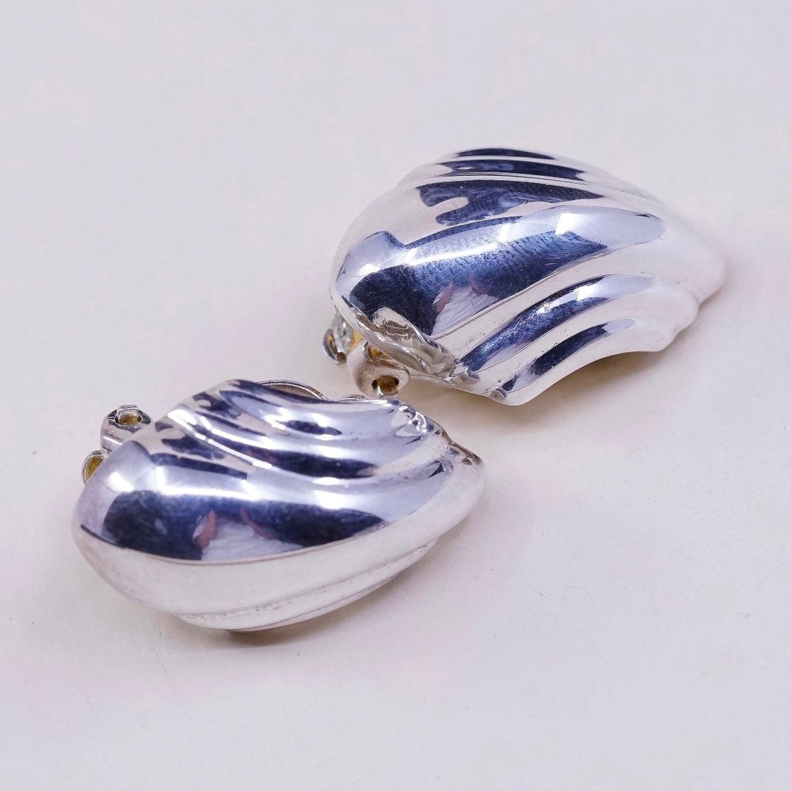 modern Sterling clip on earrings, puffy lightweight 925 curvy Ribbed earrings