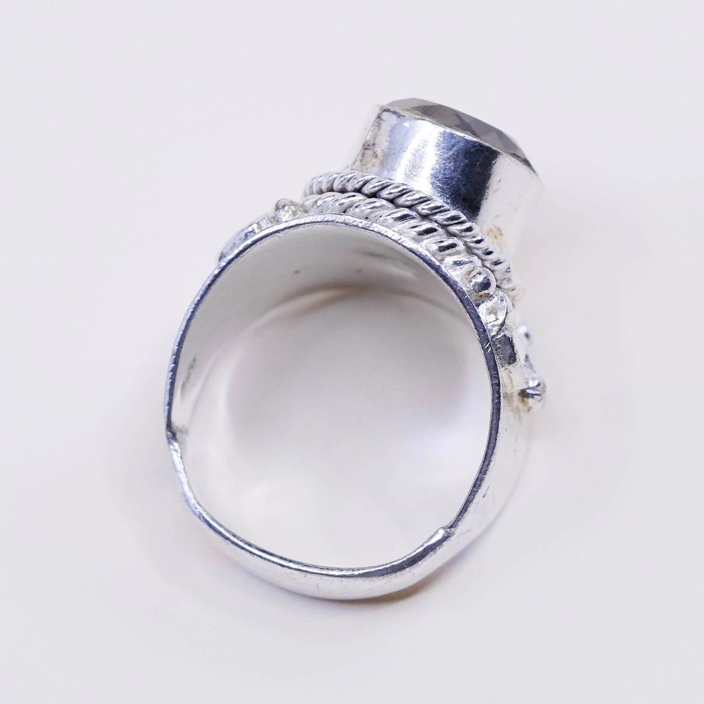 Size 9, vtg sterling 925 silver handmade statement ring w/ smoky topaz N cable