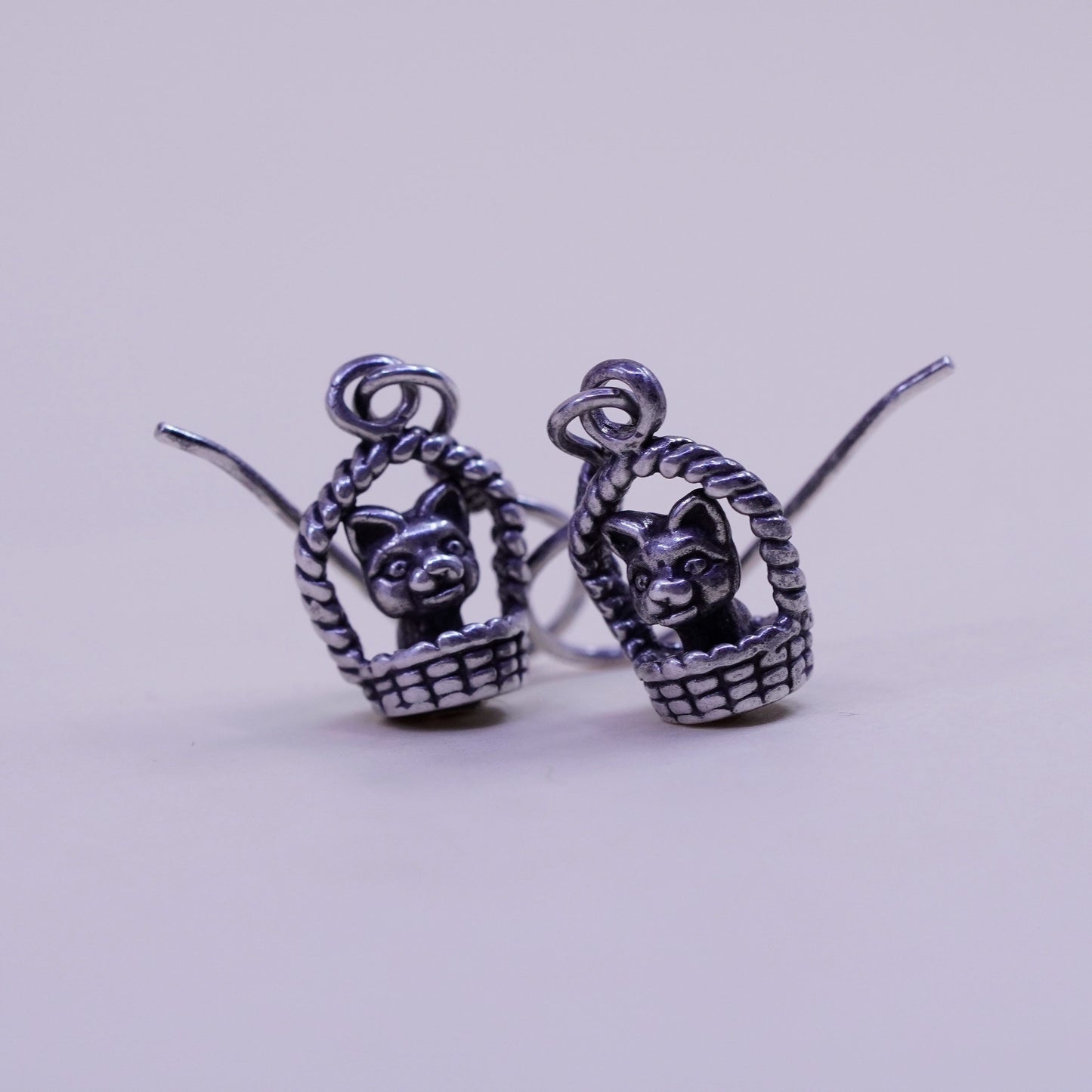 Vintage sterling silver handmade earrings, 925 dog puppy in basket dangles