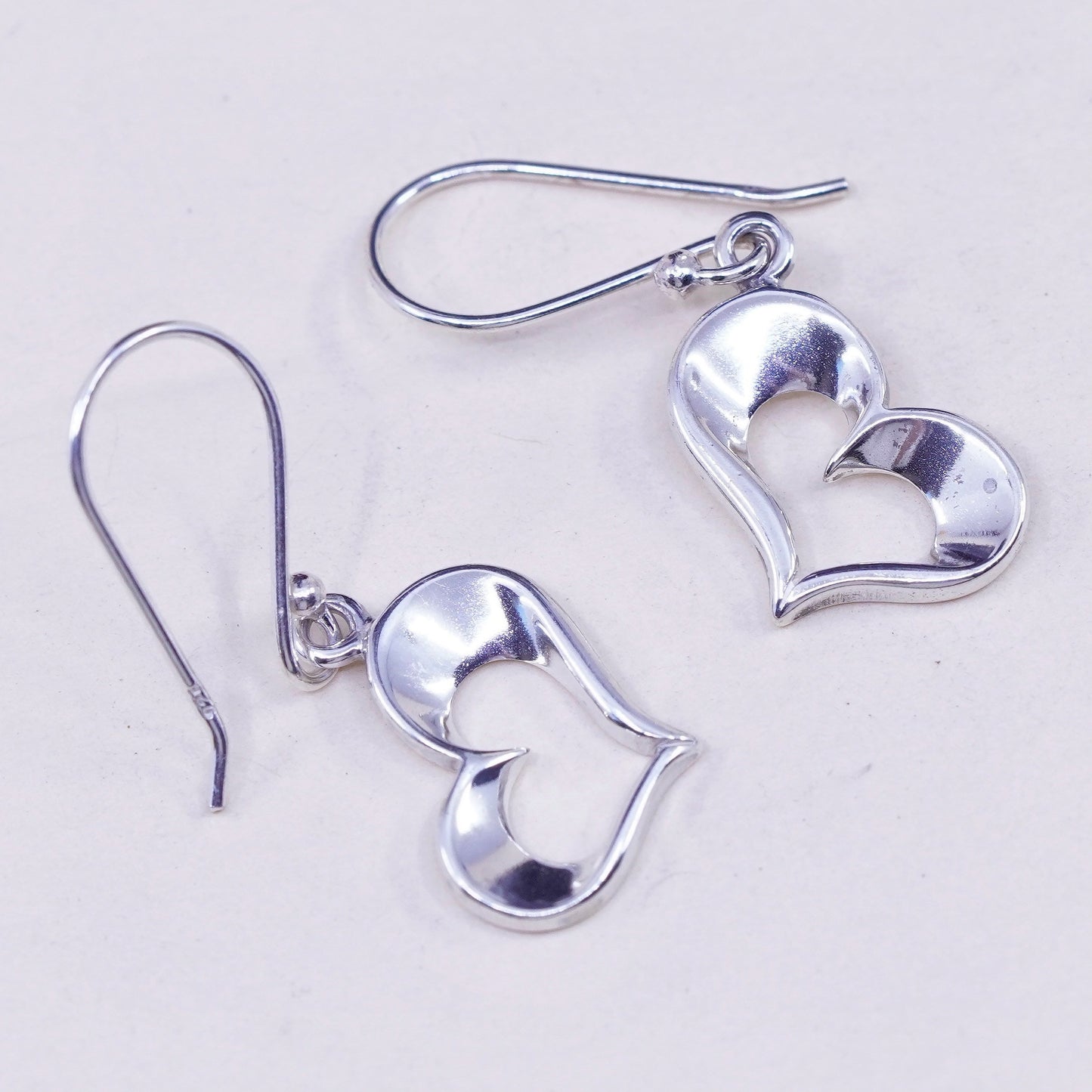 Vintage sterling silver handmade earrings, 925 heart dangles