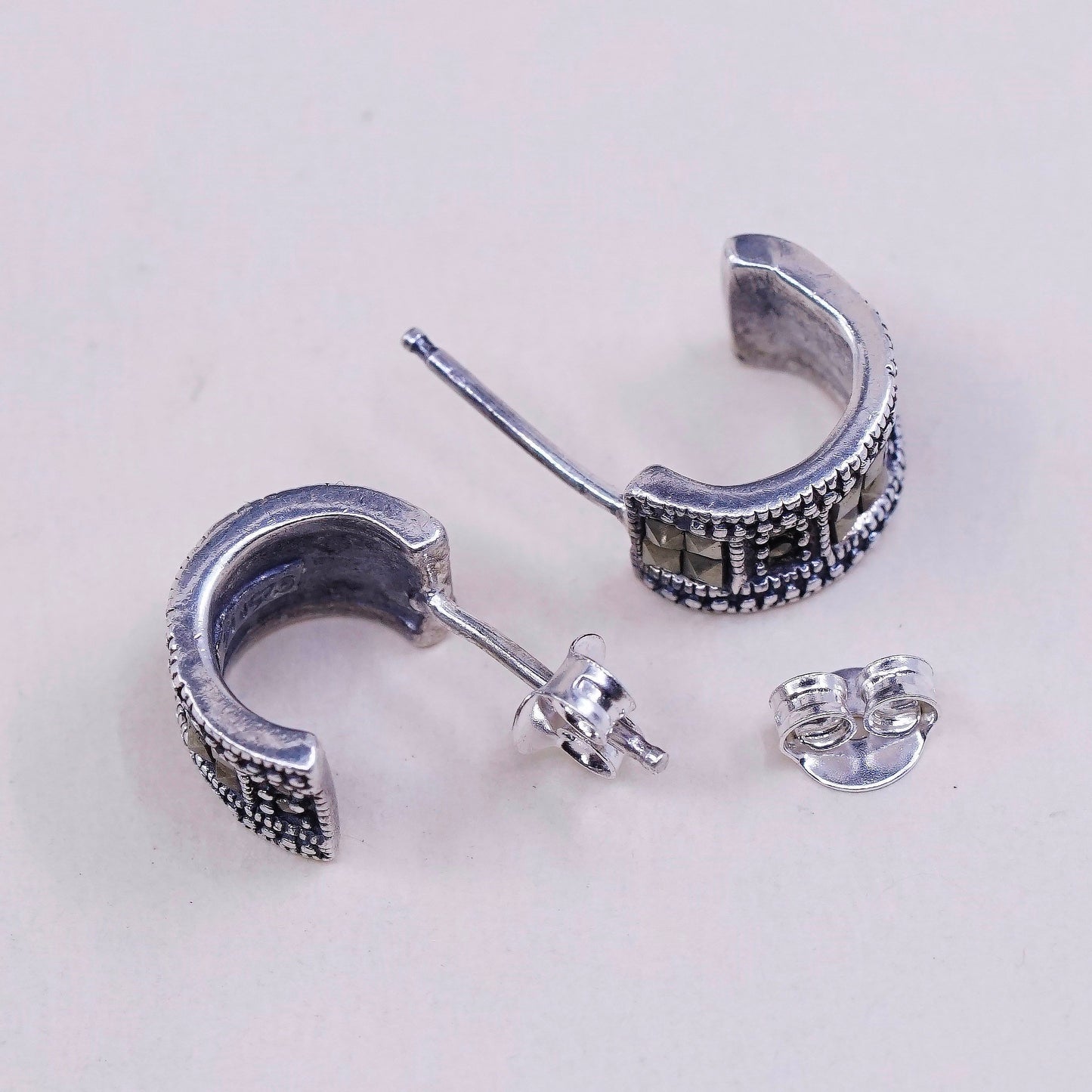 vtg Sterling silver handmade earrings, 925 Huggie studs w/ marcasite