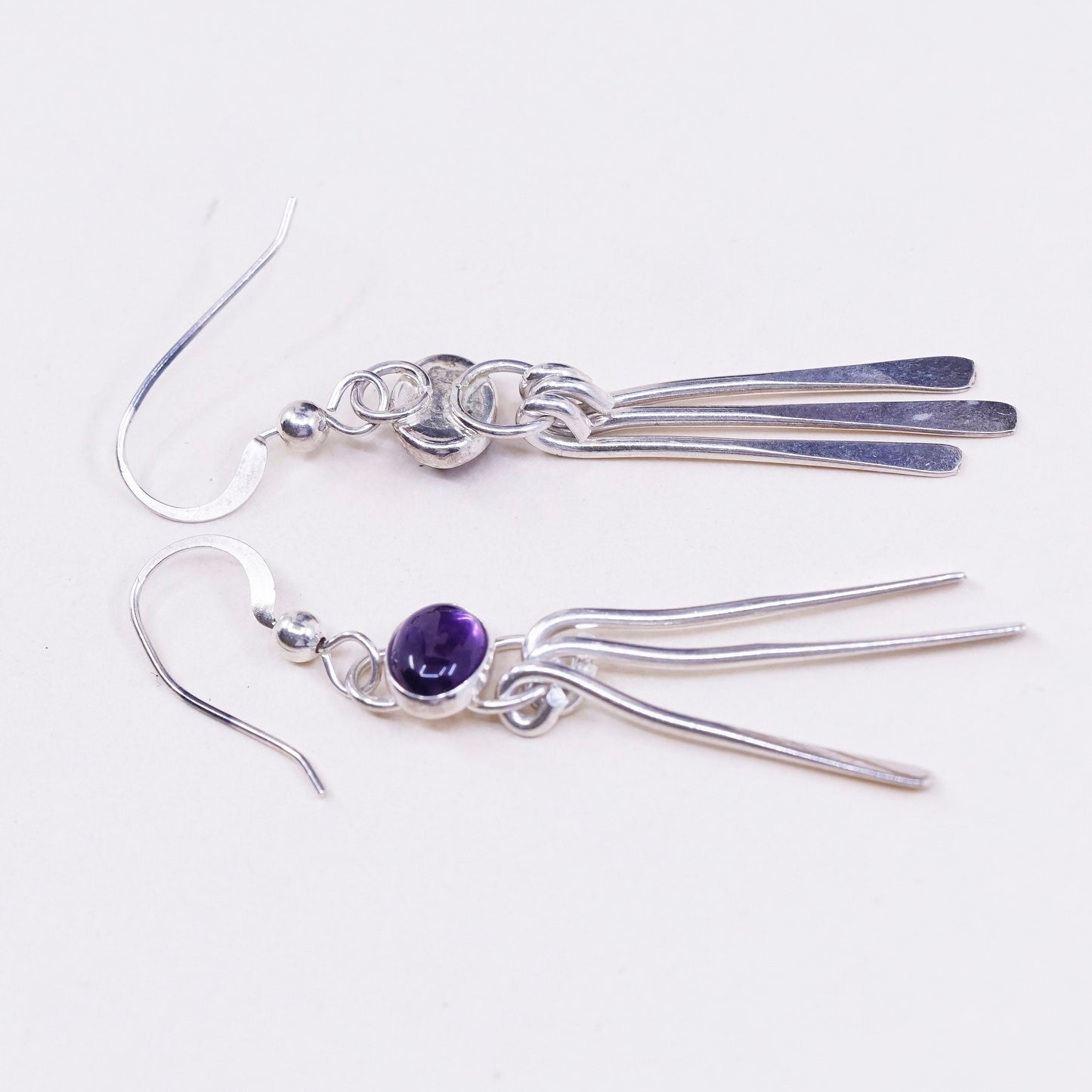 Vintage sterling silver handmade earrings, 925 fringe with amethyst