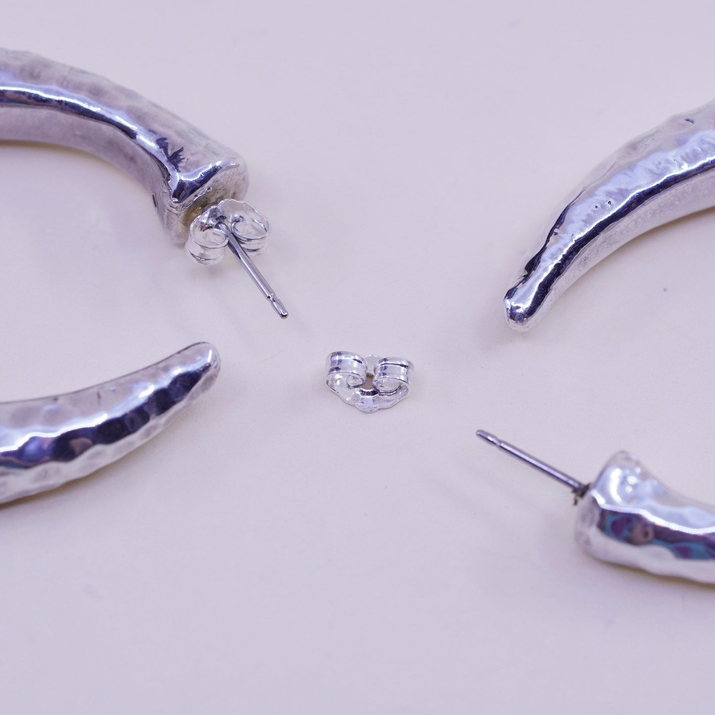 1.75” Vintage sterling 925 silver earrings, textured hammered primitive hoops