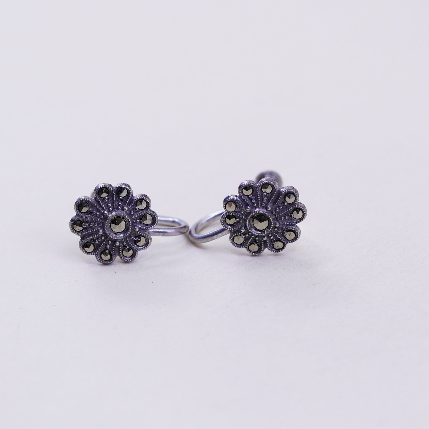 Vintage Sterling silver handmade earrings, 925 screw back flower with Marcasite