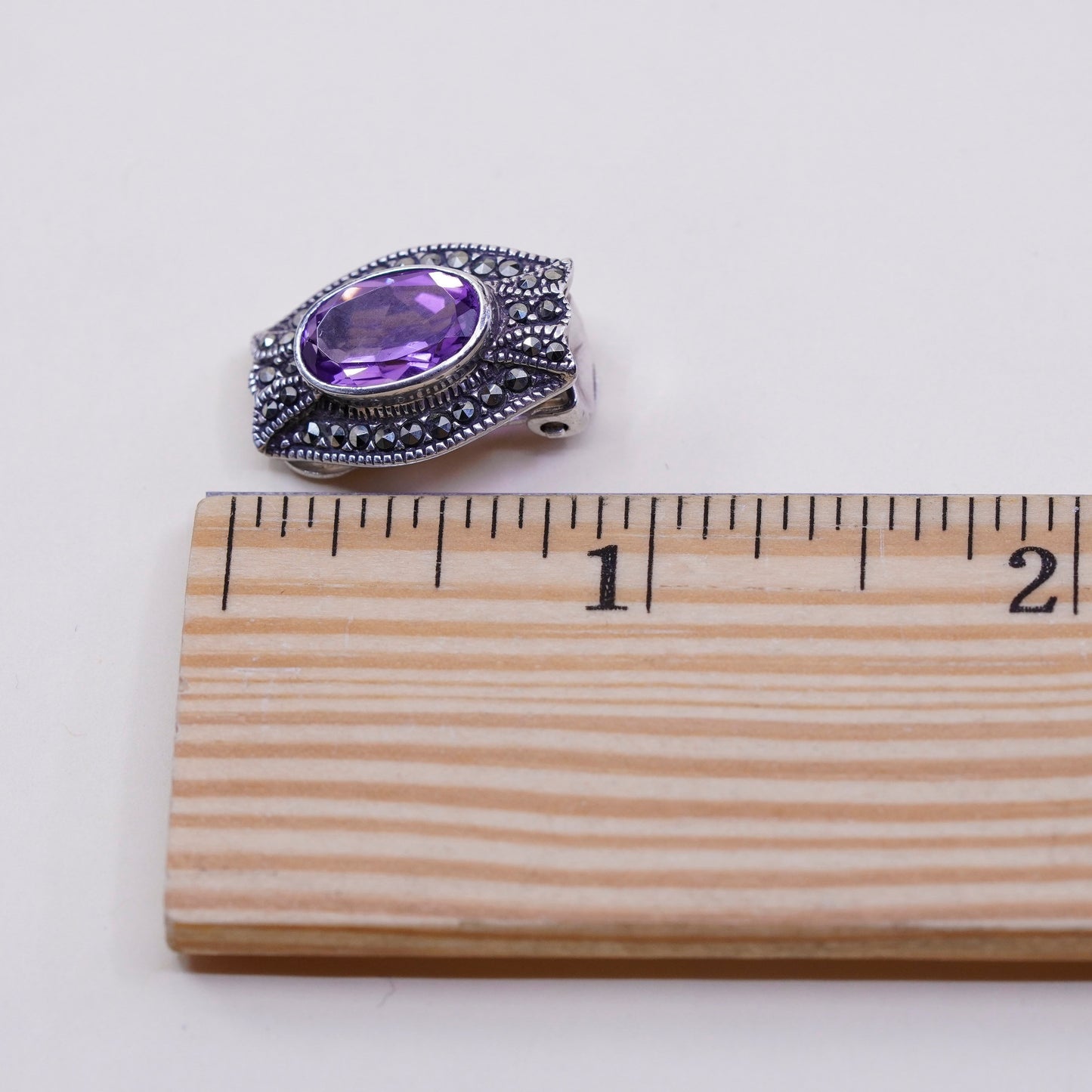 Vintage Sterling 925 silver handmade clip on earrings w/ amethyst and Marcasite