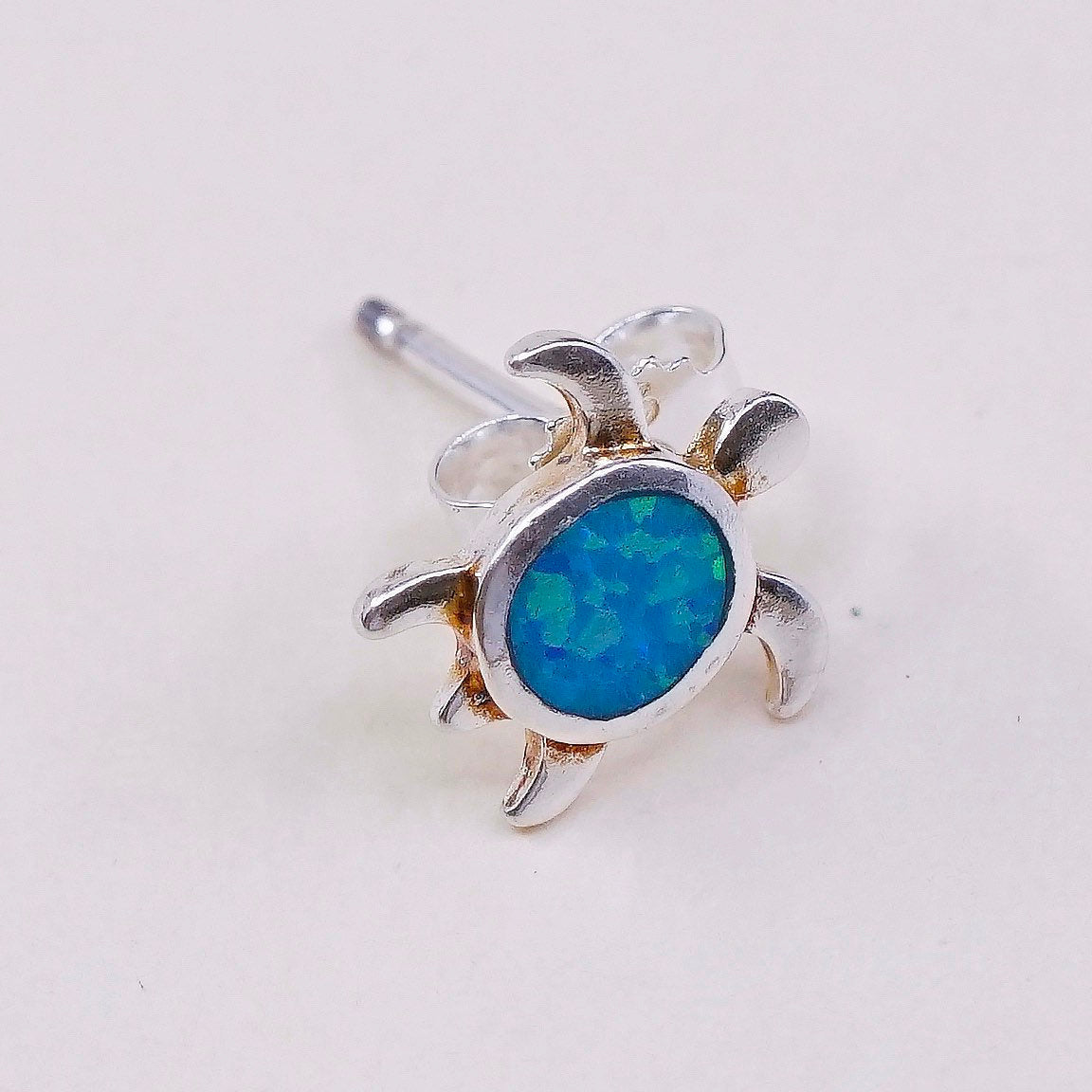 vtg sterling silver handmade earrings, 925 turtle studs w/ fire opal,