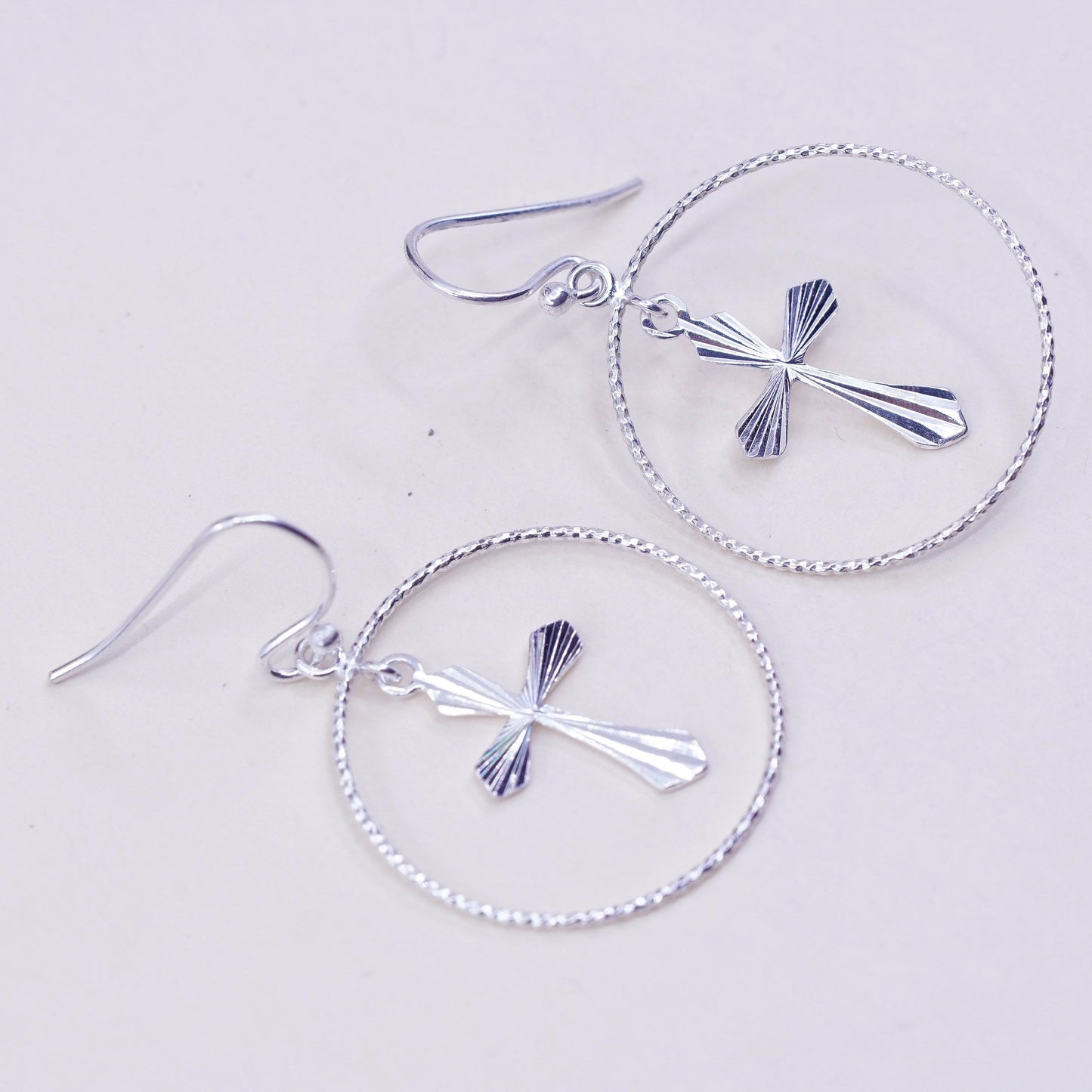 Vintage Sterling silver handmade earrings, 925 hoops with cross charms, cute, stamped 925