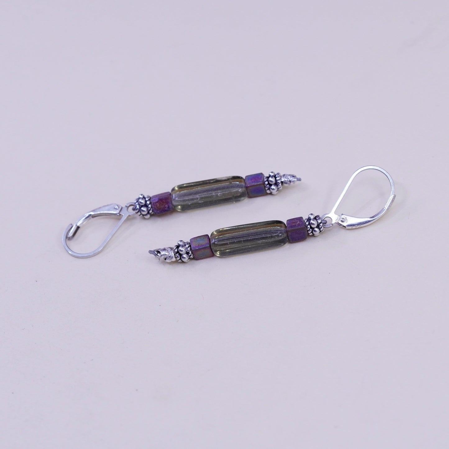 Vintage Sterling 925 silver handmade earrings with artisan glass tube amethyst