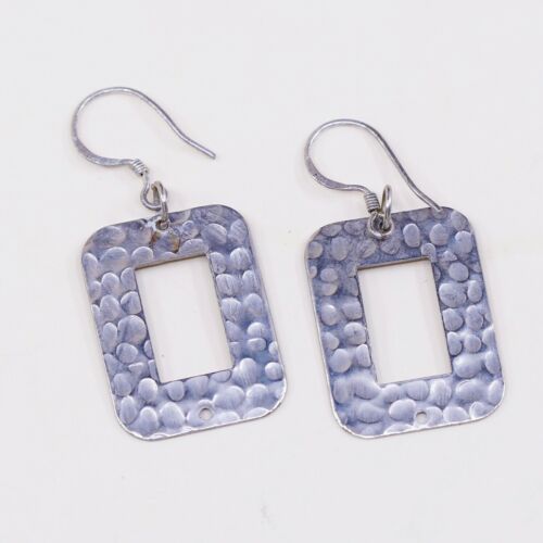 vtg Modernist Hammered Sterling 925 Silver Square Dangles Earrings, Stamped 925