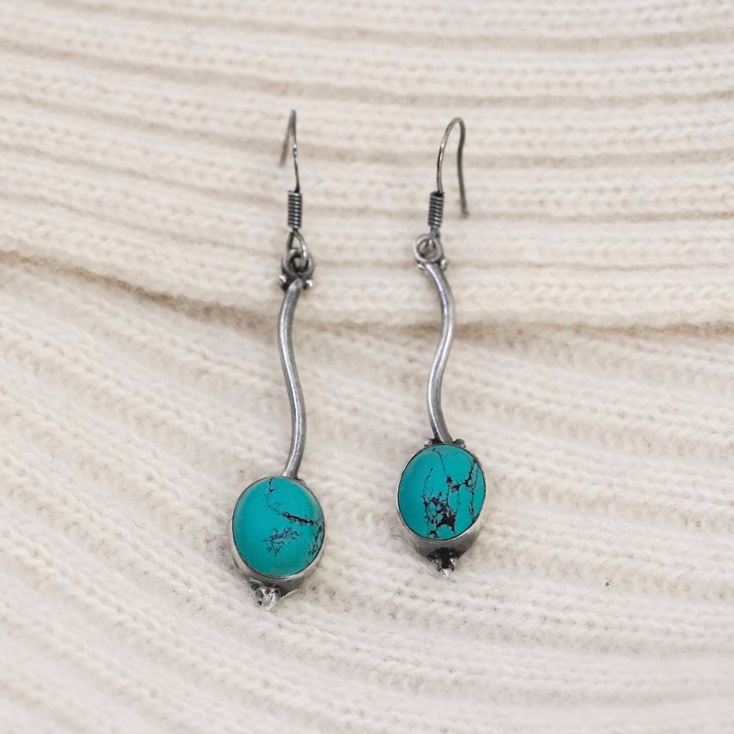 Vintage Sterling silver handmade earrings, 925 wavy drops with turquoise