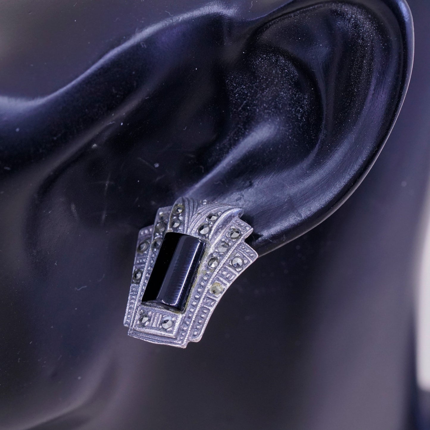 Vintage Judith Jack Sterling 925 silver earrings with Marcasite and obsidian