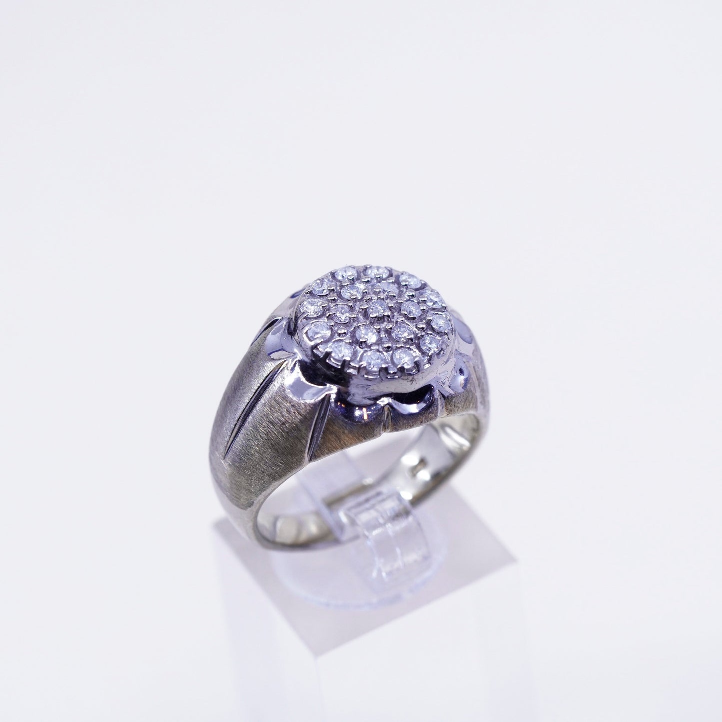 sz 10, vtg textured Sterling 925 silver statement ring w/ cluster real diamond