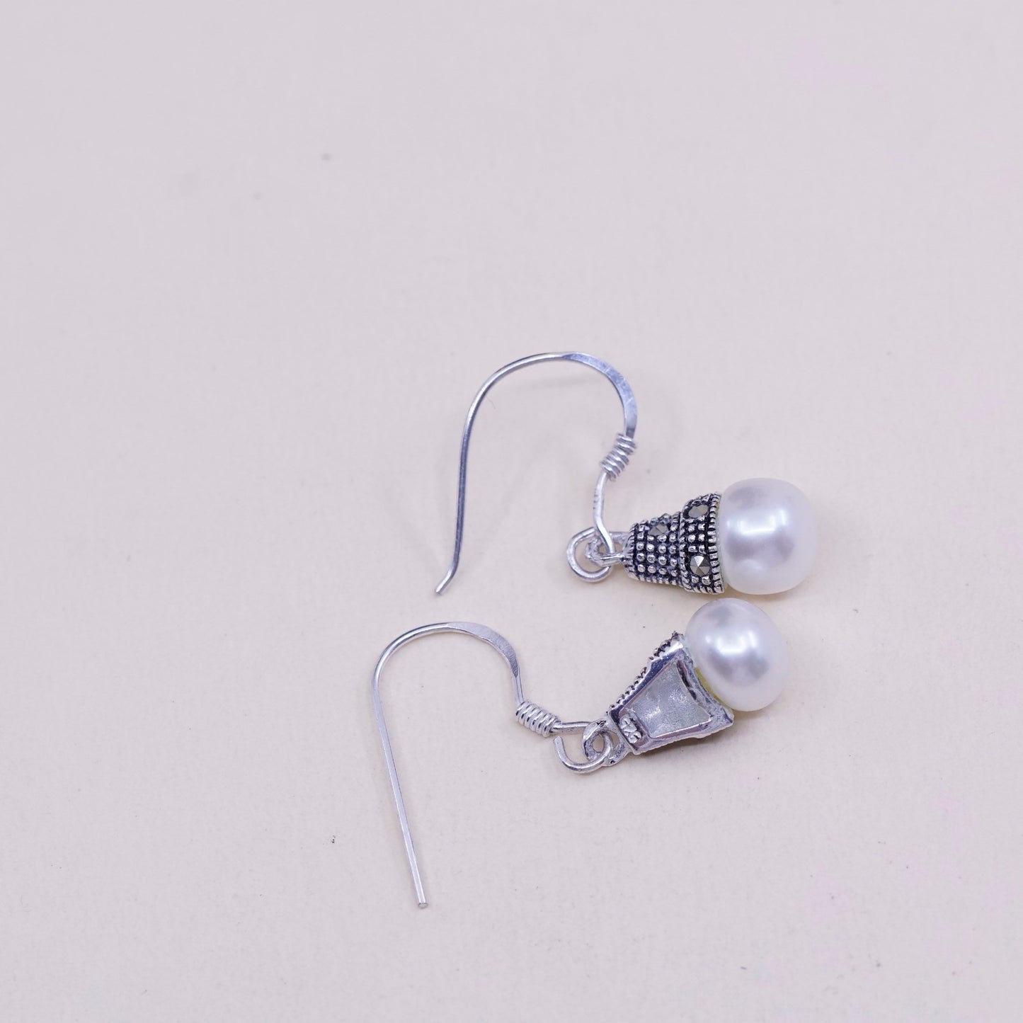 vtg Sterling silver handmade earrings, 925 teardrop with Marcasite and pearl
