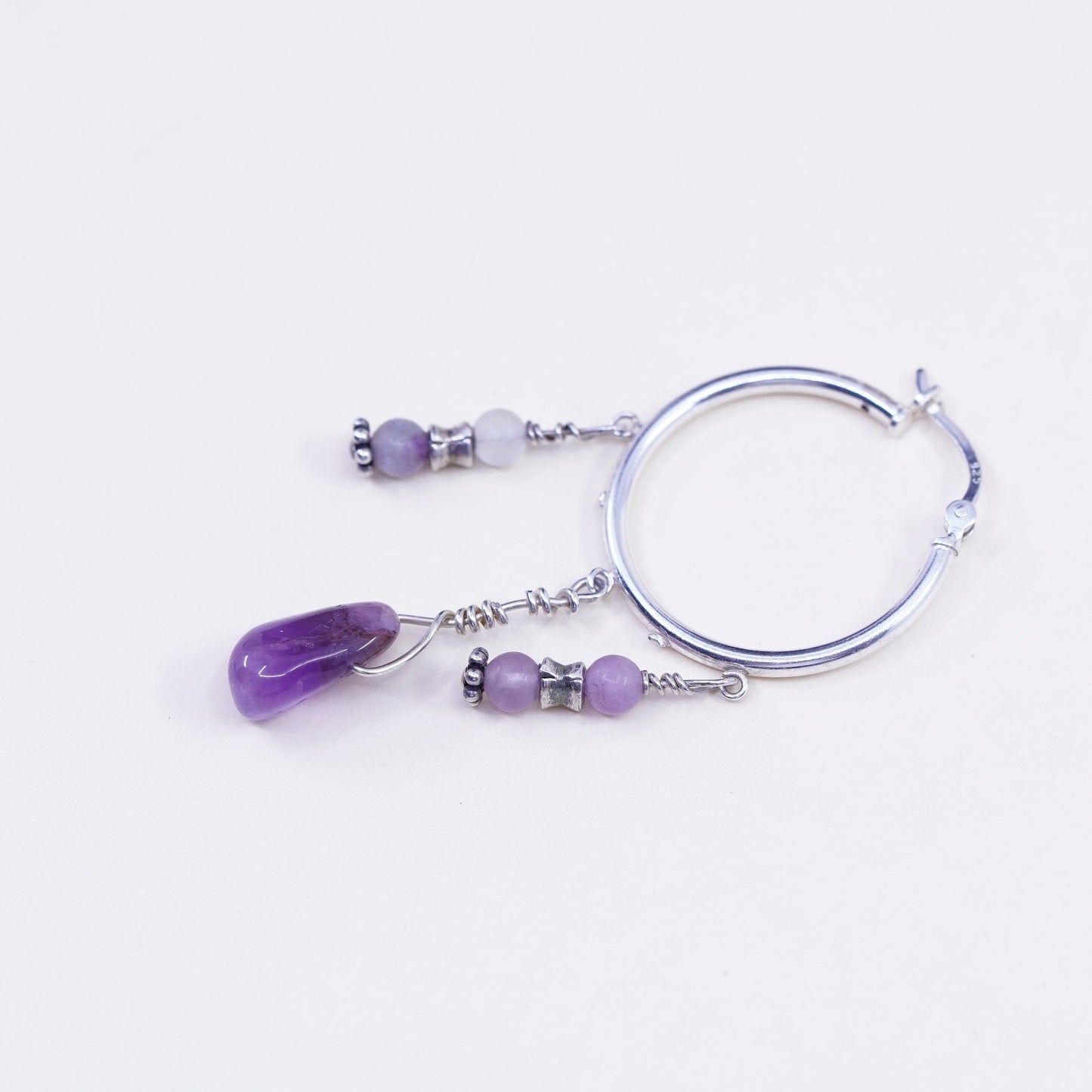 Vintage sterling silver handmade earrings, 925 hoops with amethyst